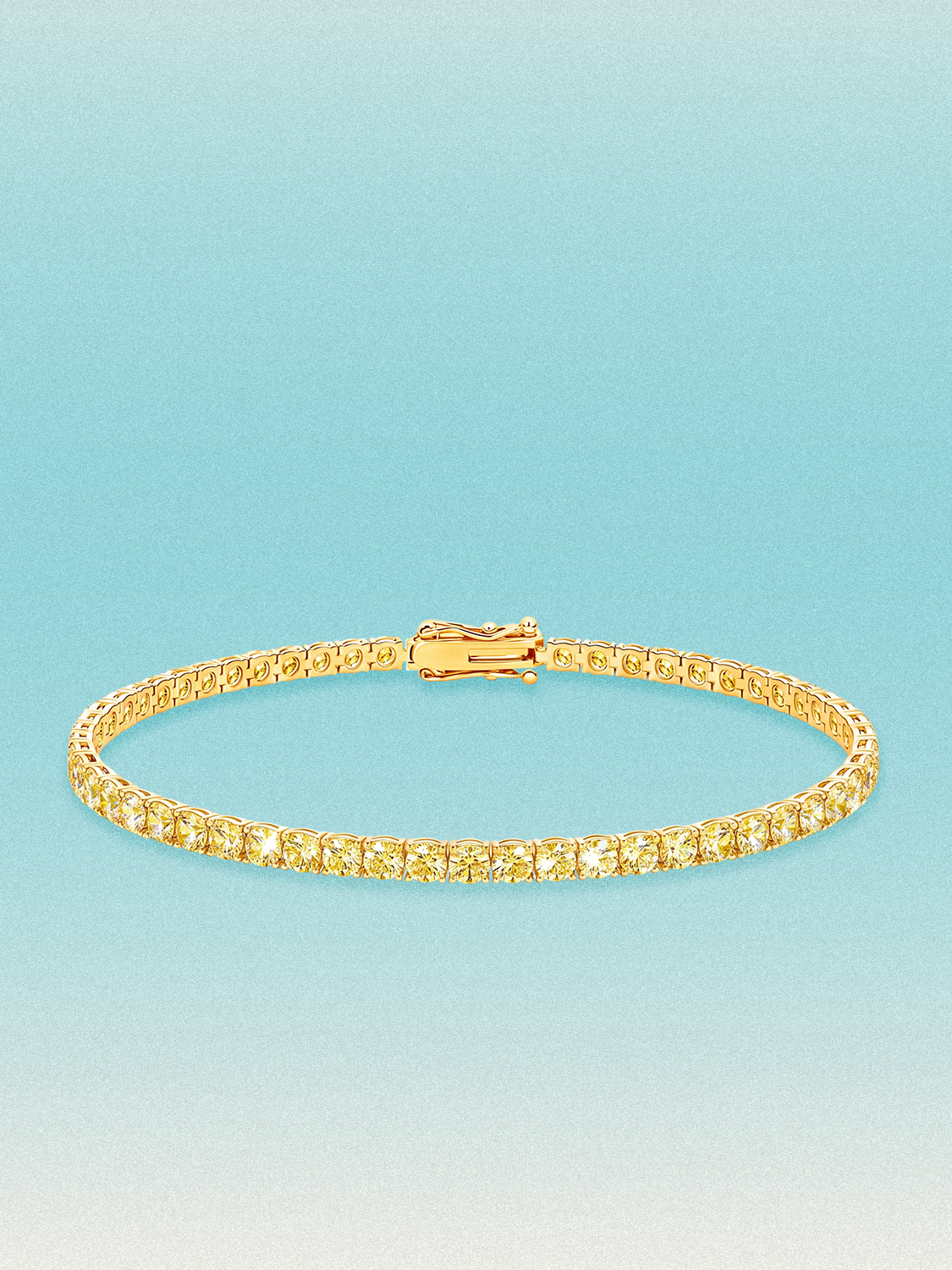 Bow Tie Lab Diamonds Fancy Yellow 3mm (5.50 ctw) Round 4-Prong lab-grown diamond tennis bracelet — 53 round yellow lab-grown diamonds, 5.50 ctw total, 7-inch, shown in 14K yellow gold.