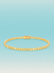 Bow Tie Lab Diamonds Fancy Yellow 3mm (5.50 ctw) Round 4-Prong lab-grown diamond tennis bracelet — 53 round yellow lab-grown diamonds, 5.50 ctw total, 7-inch, shown in 14K yellow gold.