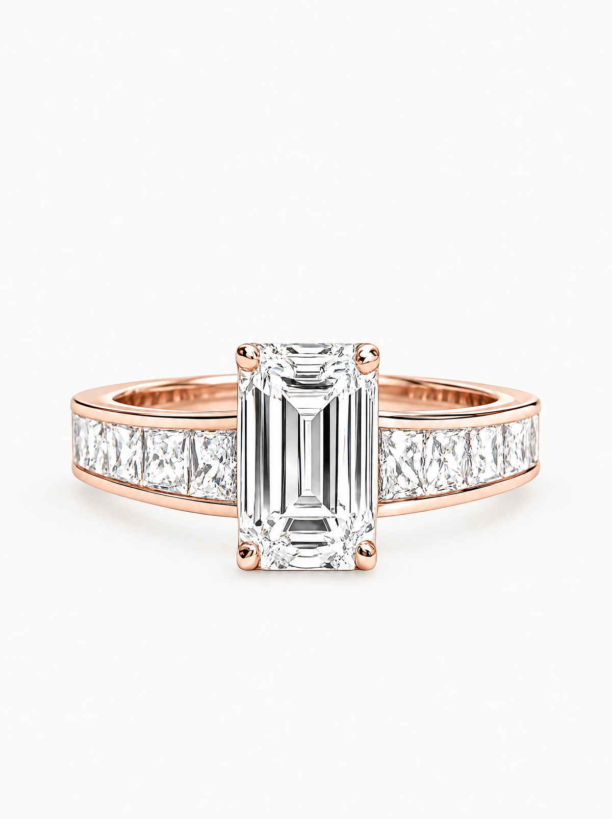 4.00 ctw Emerald Channel Set Lab-Grown Diamond Engagement Ring in 14K rose gold, front view — Bow Tie Lab Diamonds