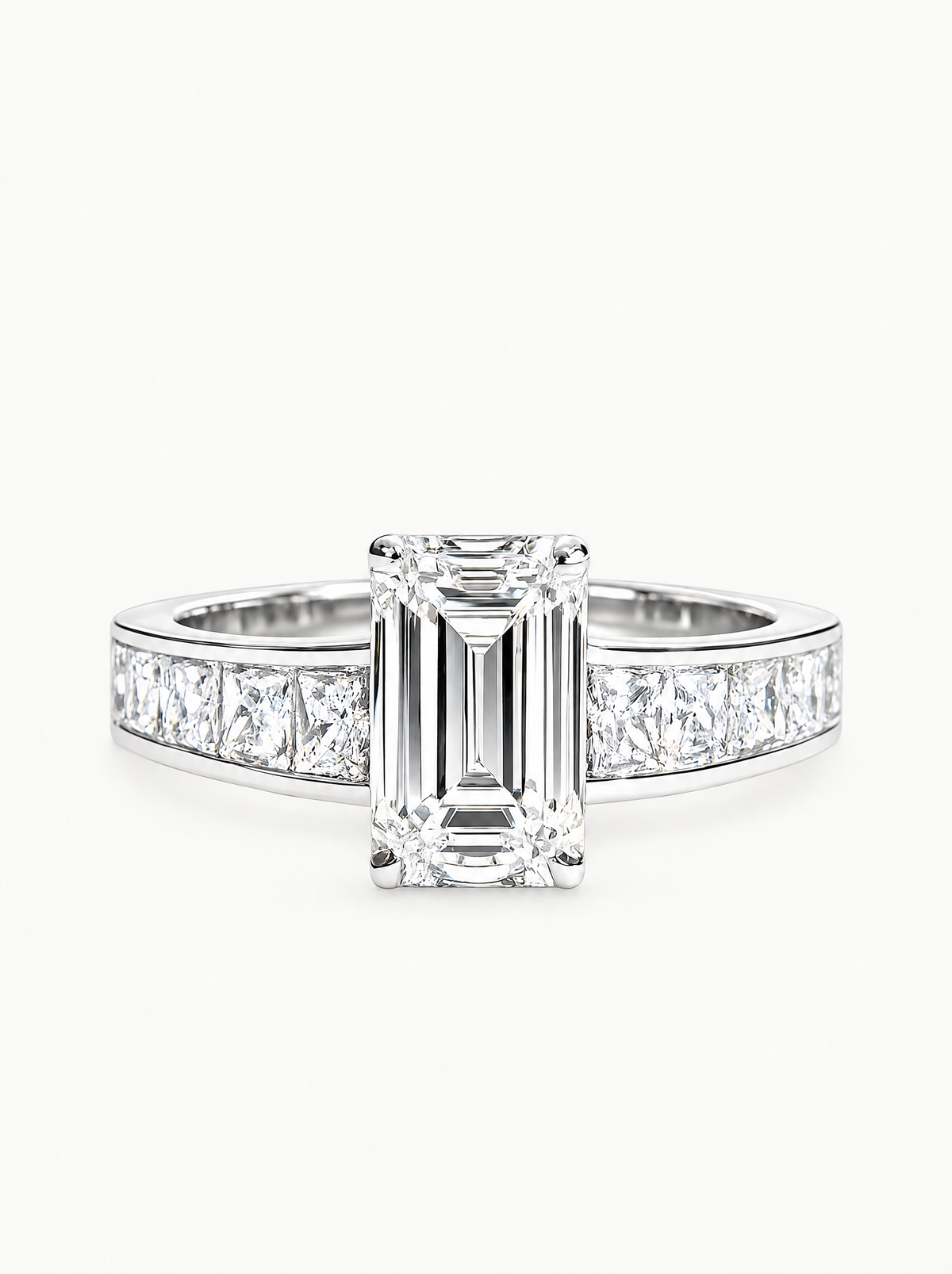 4.00 ctw Emerald Channel Set Lab-Grown Diamond Engagement Ring in 14K white gold, front view — Bow Tie Lab Diamonds