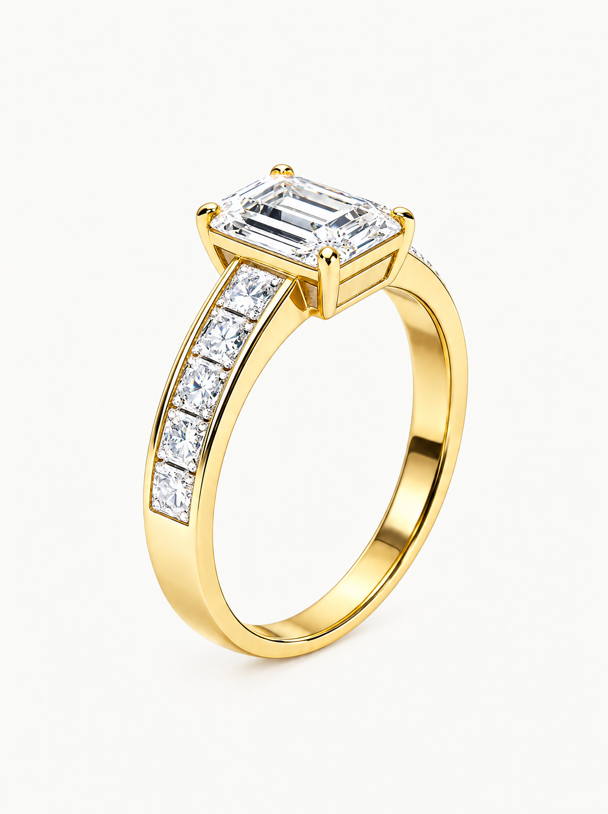 4.00 ctw Emerald Channel Set Lab-Grown Diamond Engagement Ring in 14K yellow gold, angled side view — Bow Tie Lab Diamonds