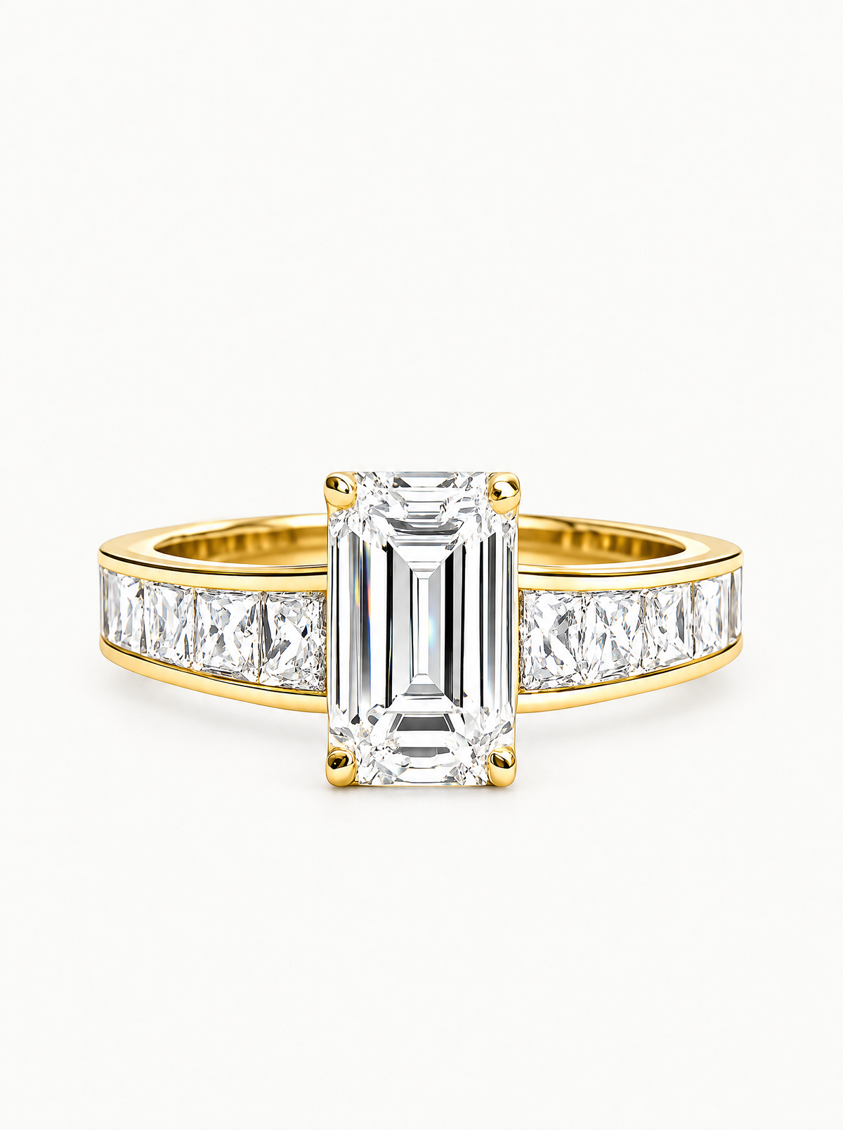 4.00 ctw Emerald Channel Set Lab-Grown Diamond Engagement Ring in 14K yellow gold, front view — Bow Tie Lab Diamonds