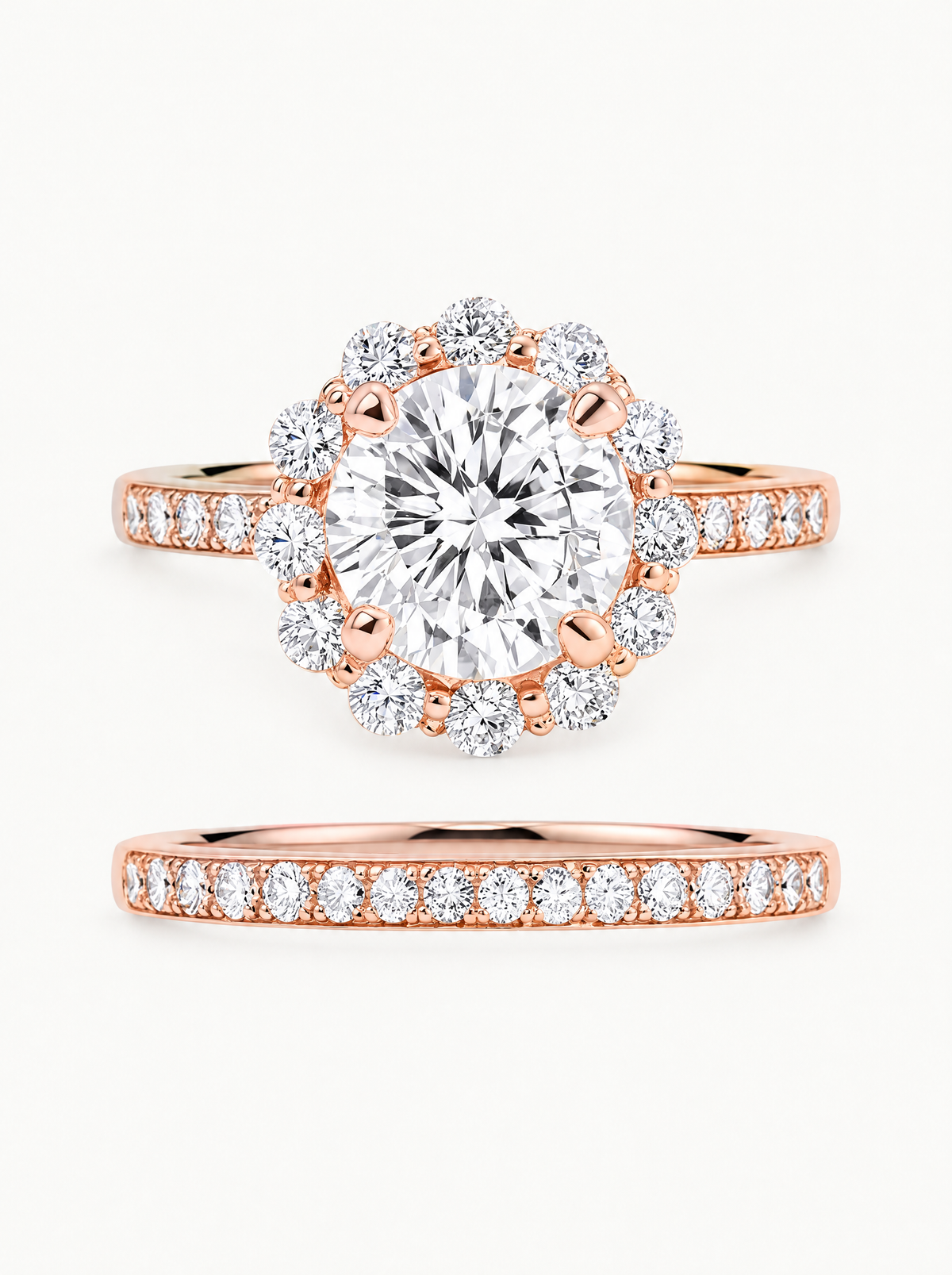 4.00 ctw Round Scalloped Halo Pave Lab-Grown Diamond Bridal Set in 14K rose gold, front view — Bow Tie Lab Diamonds