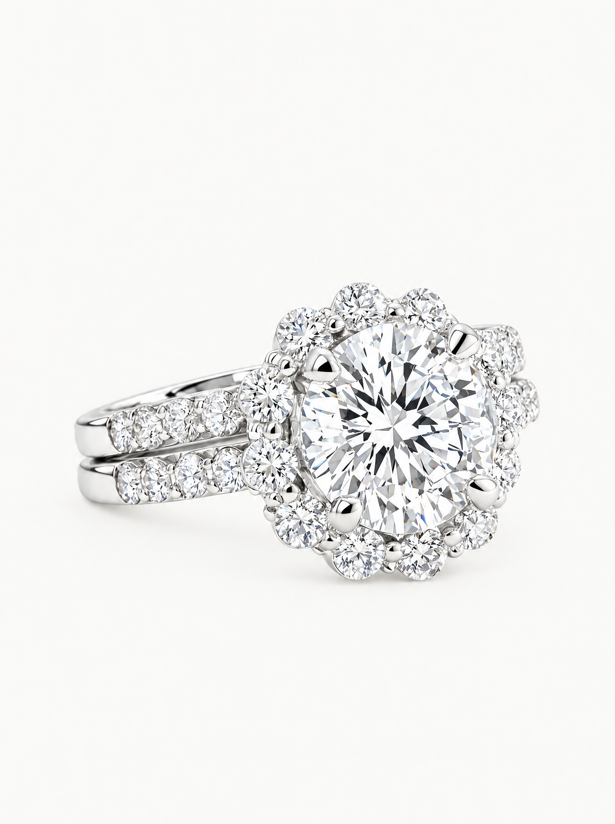 4.00 ctw Round Scalloped Halo Pave Lab-Grown Diamond Bridal Set in 14K white gold, angled side view — Bow Tie Lab Diamonds