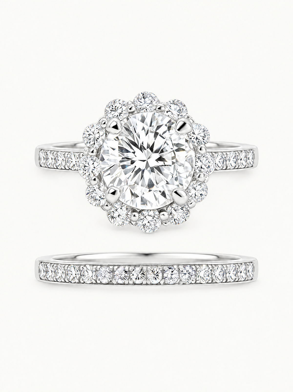 4.00 ctw Round Scalloped Halo Pave Lab-Grown Diamond Bridal Set in 14K white gold, angled side view — Bow Tie Lab Diamonds