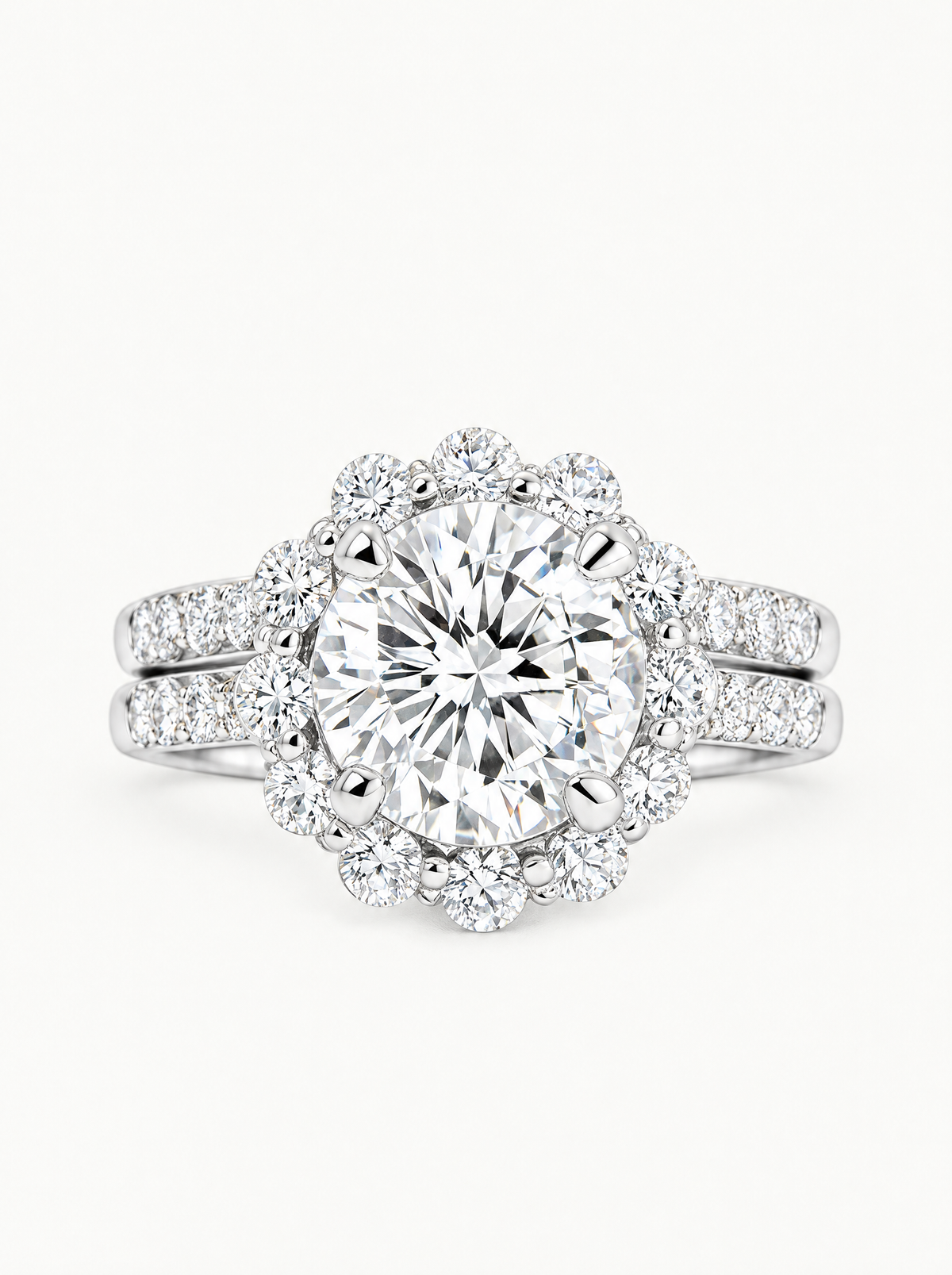 4.00 ctw Round Scalloped Halo Pave Lab-Grown Diamond Bridal Set in 14K white gold, front view — Bow Tie Lab Diamonds
