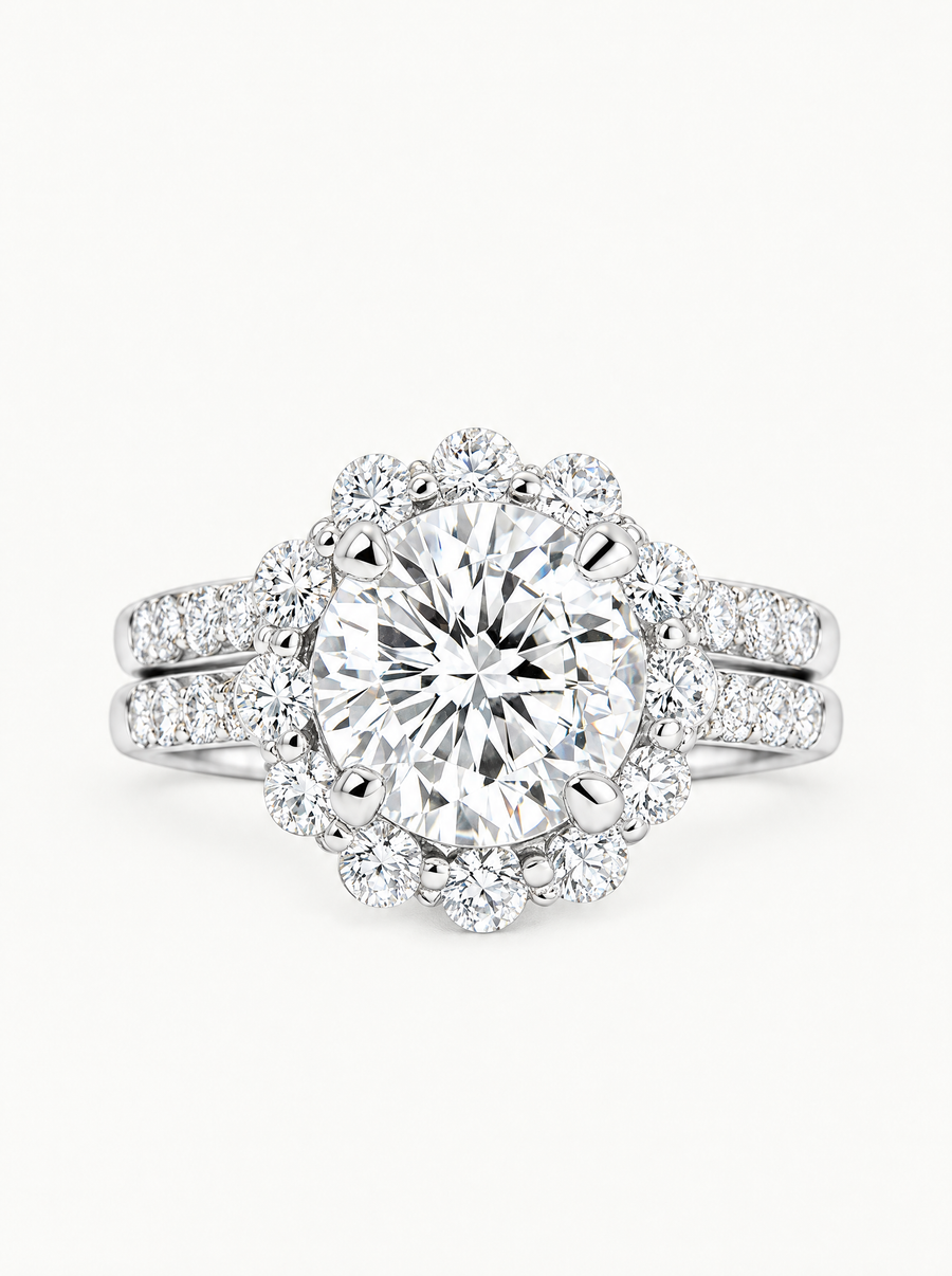 4.00 ctw Round Scalloped Halo Pave Lab Grown Diamond Bridal Set