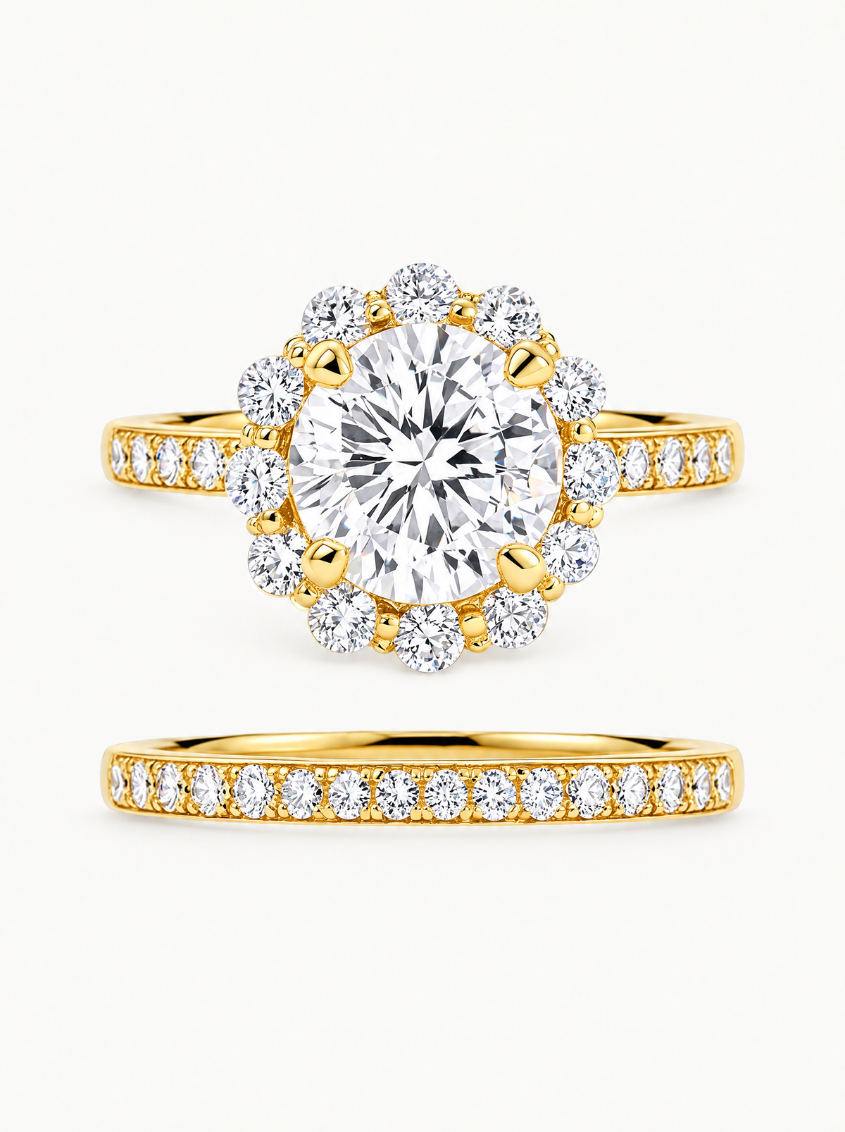 4.00 ctw Round Scalloped Halo Pave Lab-Grown Diamond Bridal Set in 14K yellow gold, front view — Bow Tie Lab Diamonds