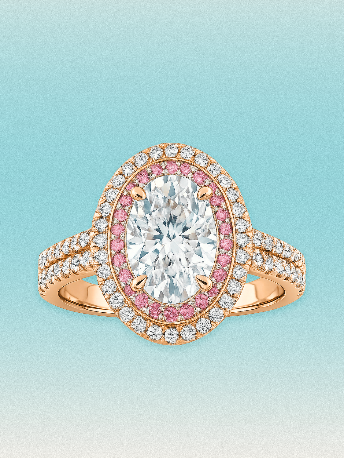 4.10 ctw Oval Pink Double Halo Pave Lab Grown Diamond Ring