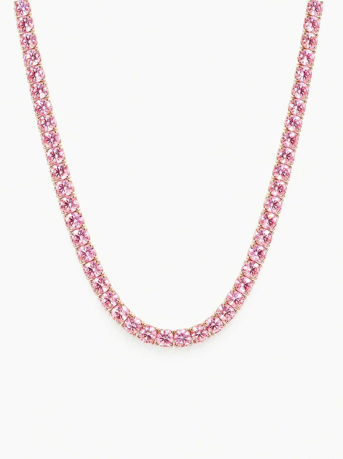 Fancy Pink 4.25mm (27.60-37.80 ctw) Round 4-Prong Lab-Grown Diamond Tennis Necklace in 14K rose gold, front view — Bow Tie Lab Diamonds