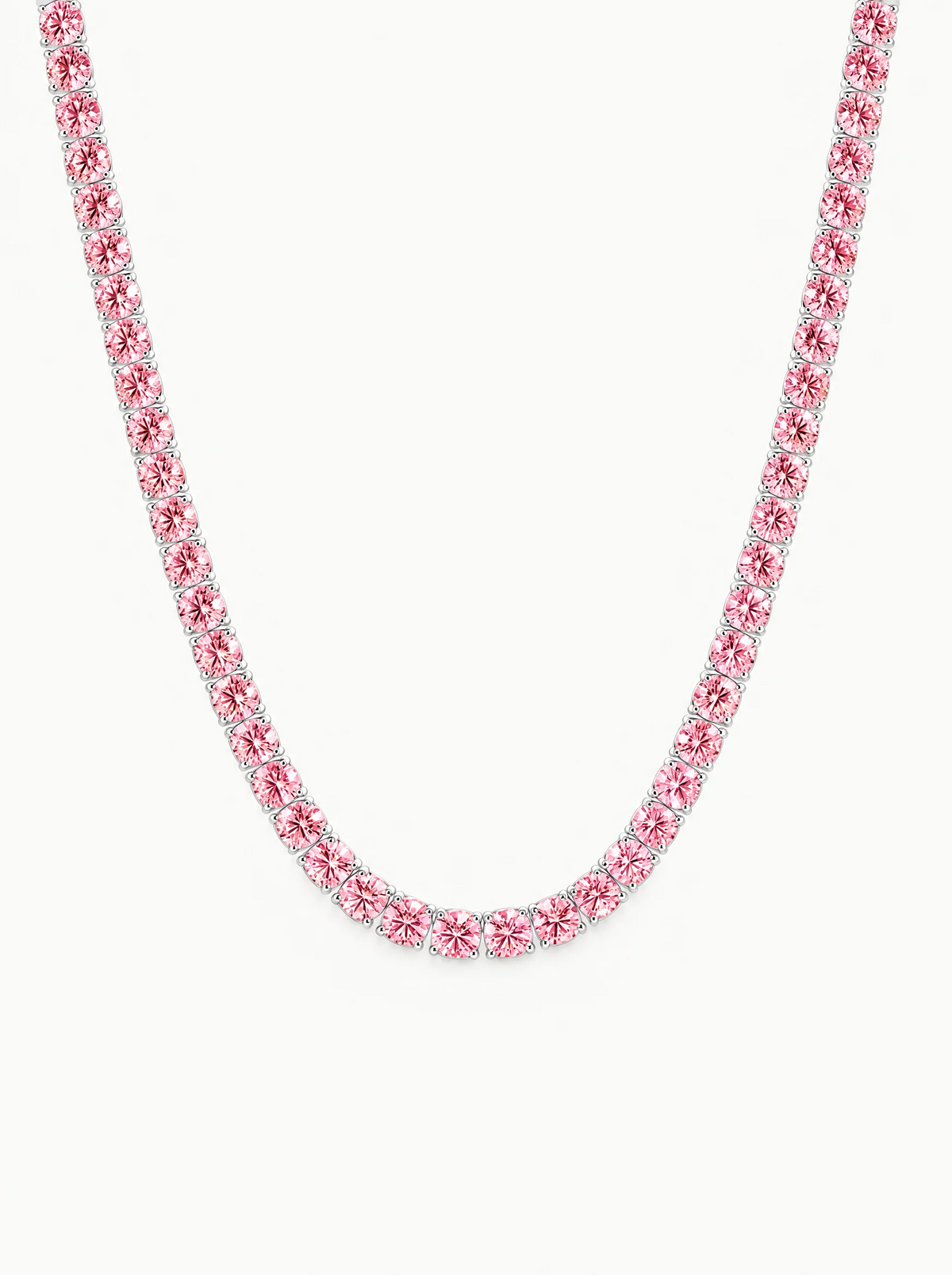 Fancy Pink 4.25mm (27.60-37.80 ctw) Round 4-Prong Lab-Grown Diamond Tennis Necklace in 14K white gold, front view — Bow Tie Lab Diamonds