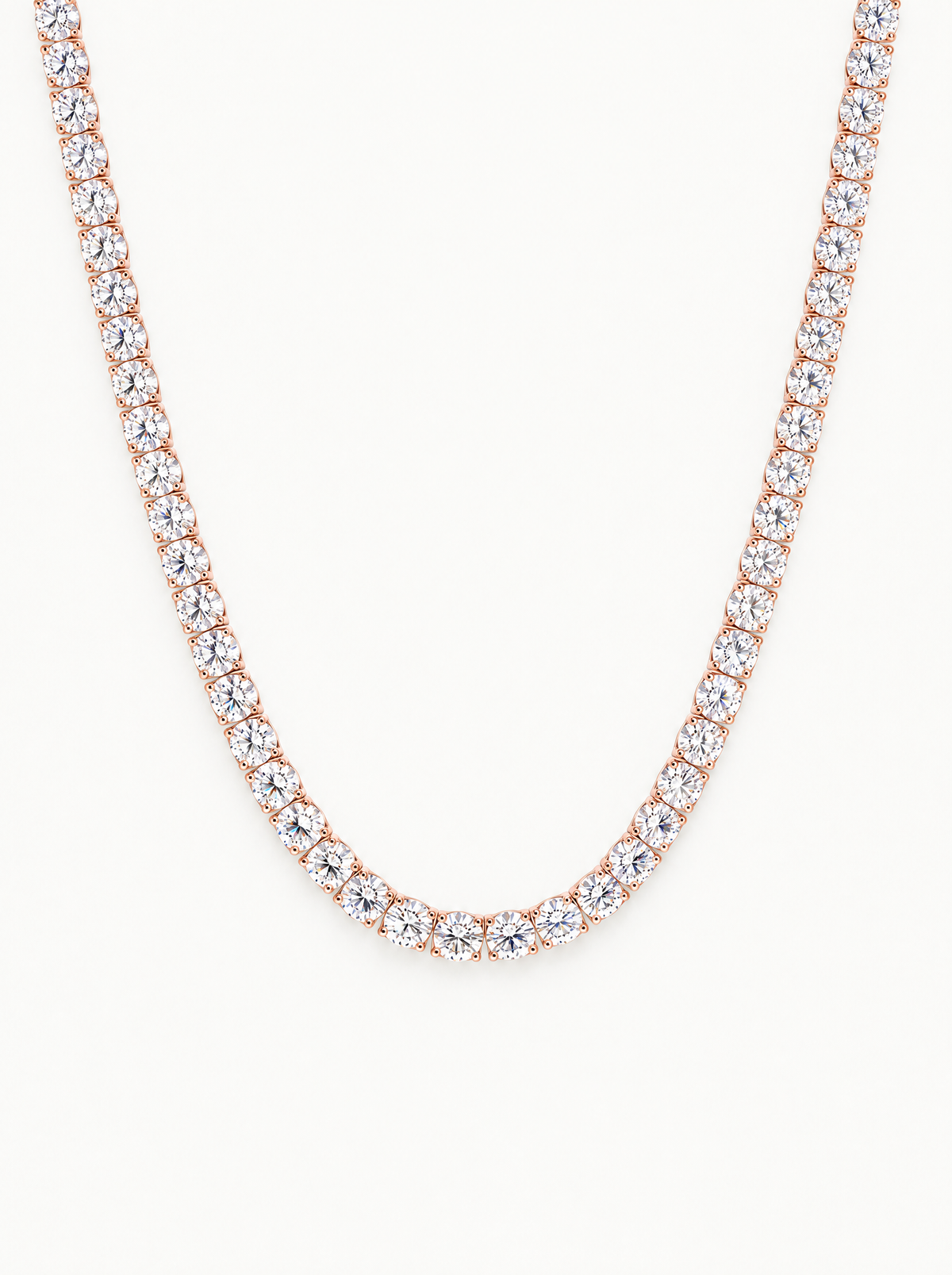 4.25mm (27.60-37.80 ctw) Round 4-Prong Lab-Grown Diamond Tennis Necklace in 14K rose gold, front view — Bow Tie Lab Diamonds