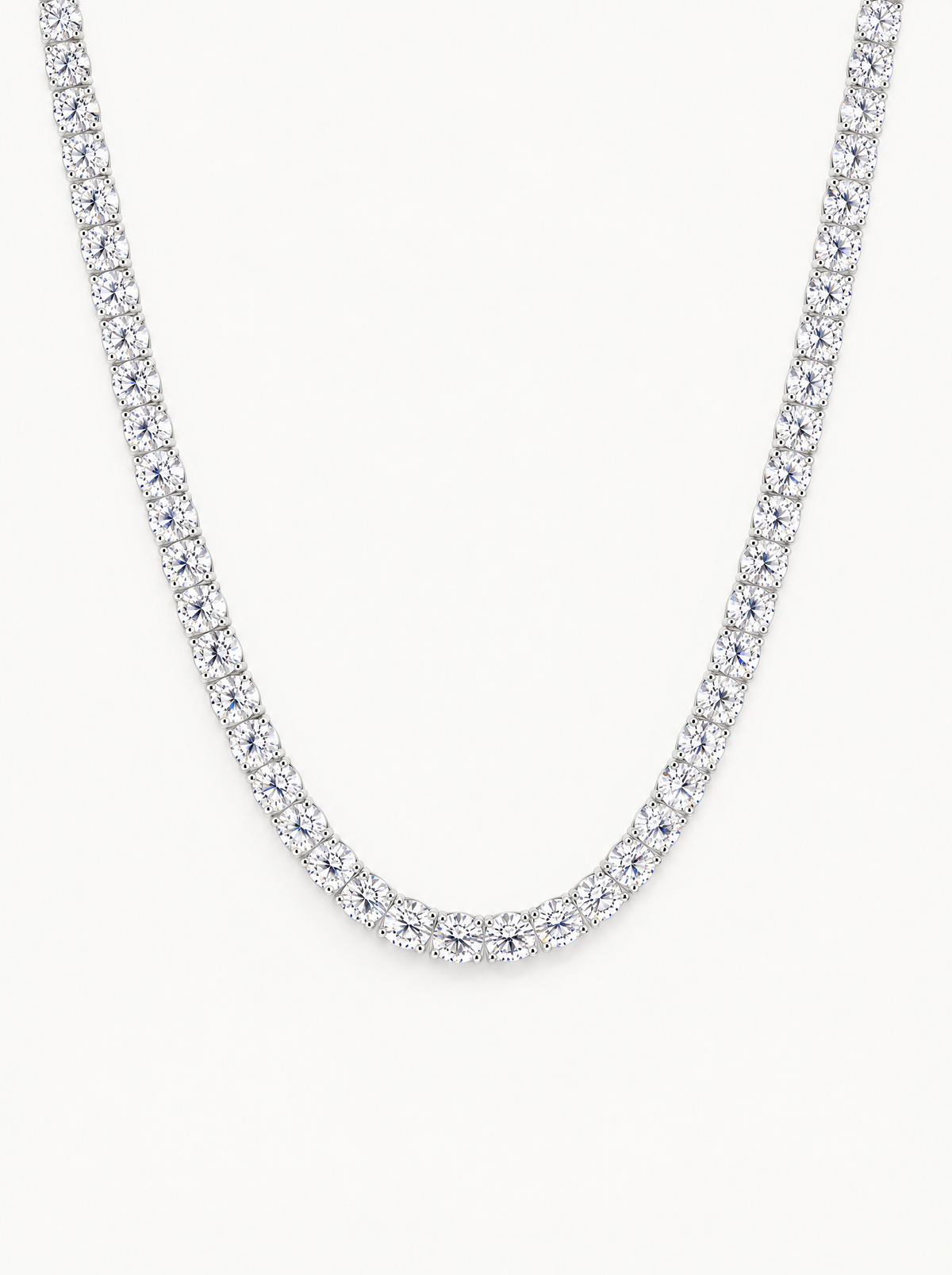 4.25mm (27.60-37.80 ctw) Round 4-Prong Lab-Grown Diamond Tennis Necklace in 14K white gold, front view — Bow Tie Lab Diamonds