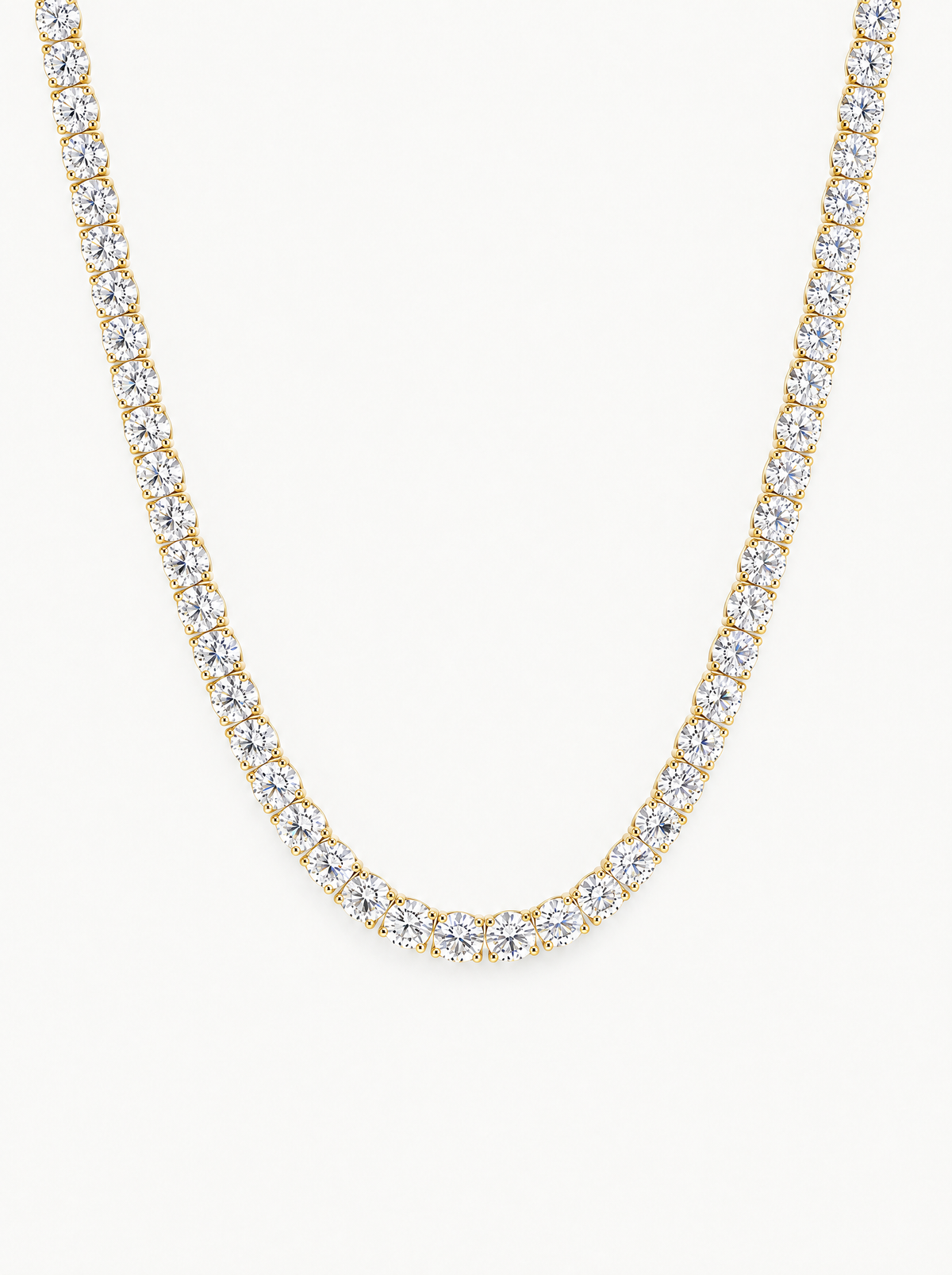 4.25mm (27.60-37.80 ctw) Round 4-Prong Lab-Grown Diamond Tennis Necklace in 14K yellow gold, front view — Bow Tie Lab Diamonds