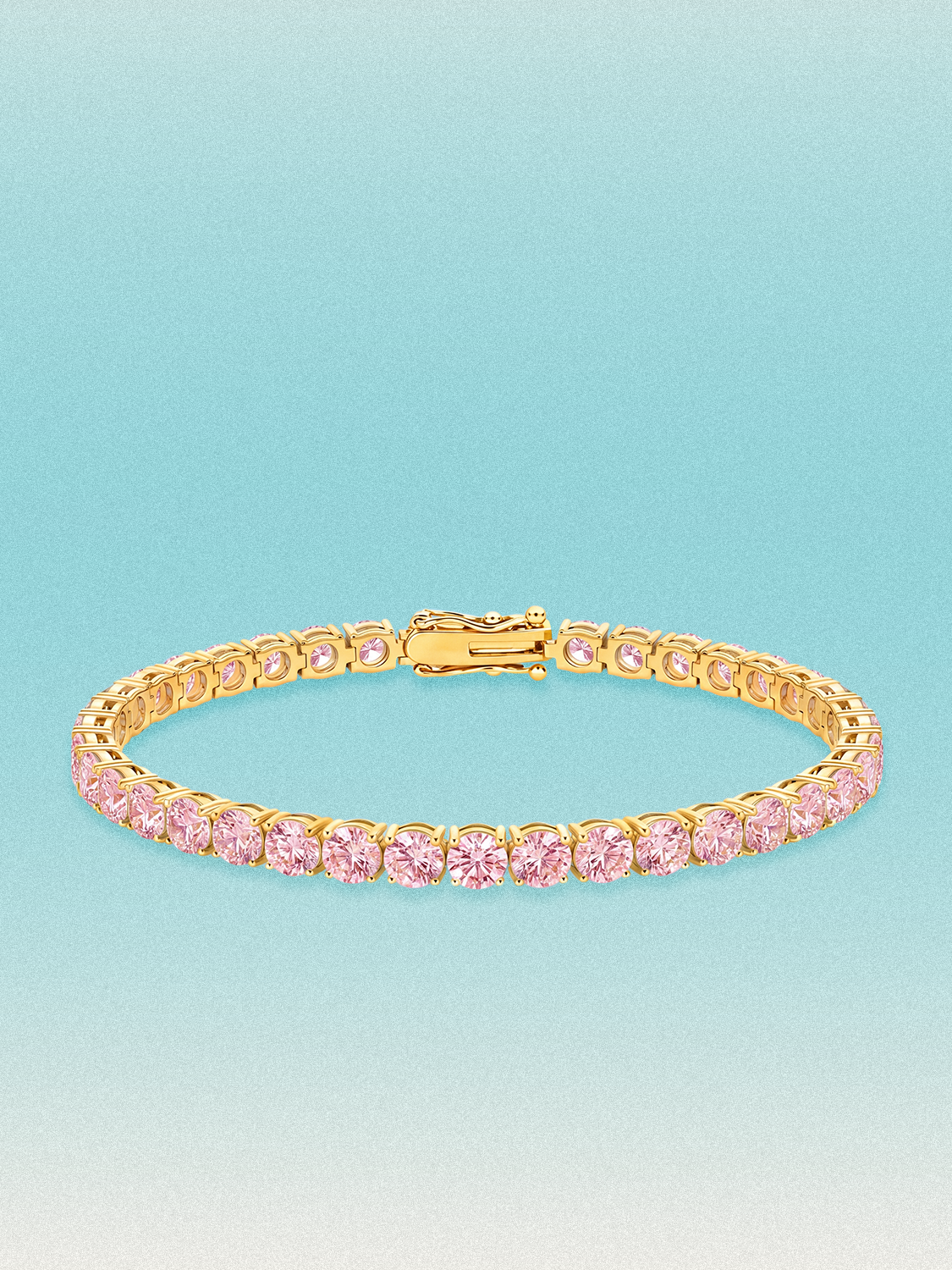 Bow Tie Lab Diamonds Fancy Pink 4.3mm (12.00 ctw) Round 4-Prong lab-grown diamond tennis bracelet — 39 round pink lab-grown diamonds, 12.00 ctw total, 7-inch, shown in 14K yellow gold.