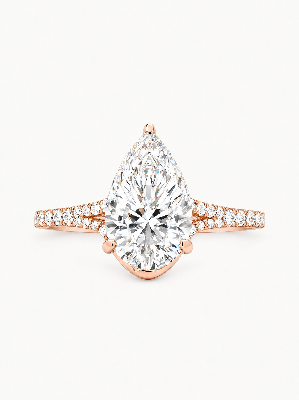 4.50 ctw Pear Hidden Halo Split Shank Pave Lab-Grown Diamond Engagement Ring in 14K rose gold, front view — Bow Tie Lab Diamonds