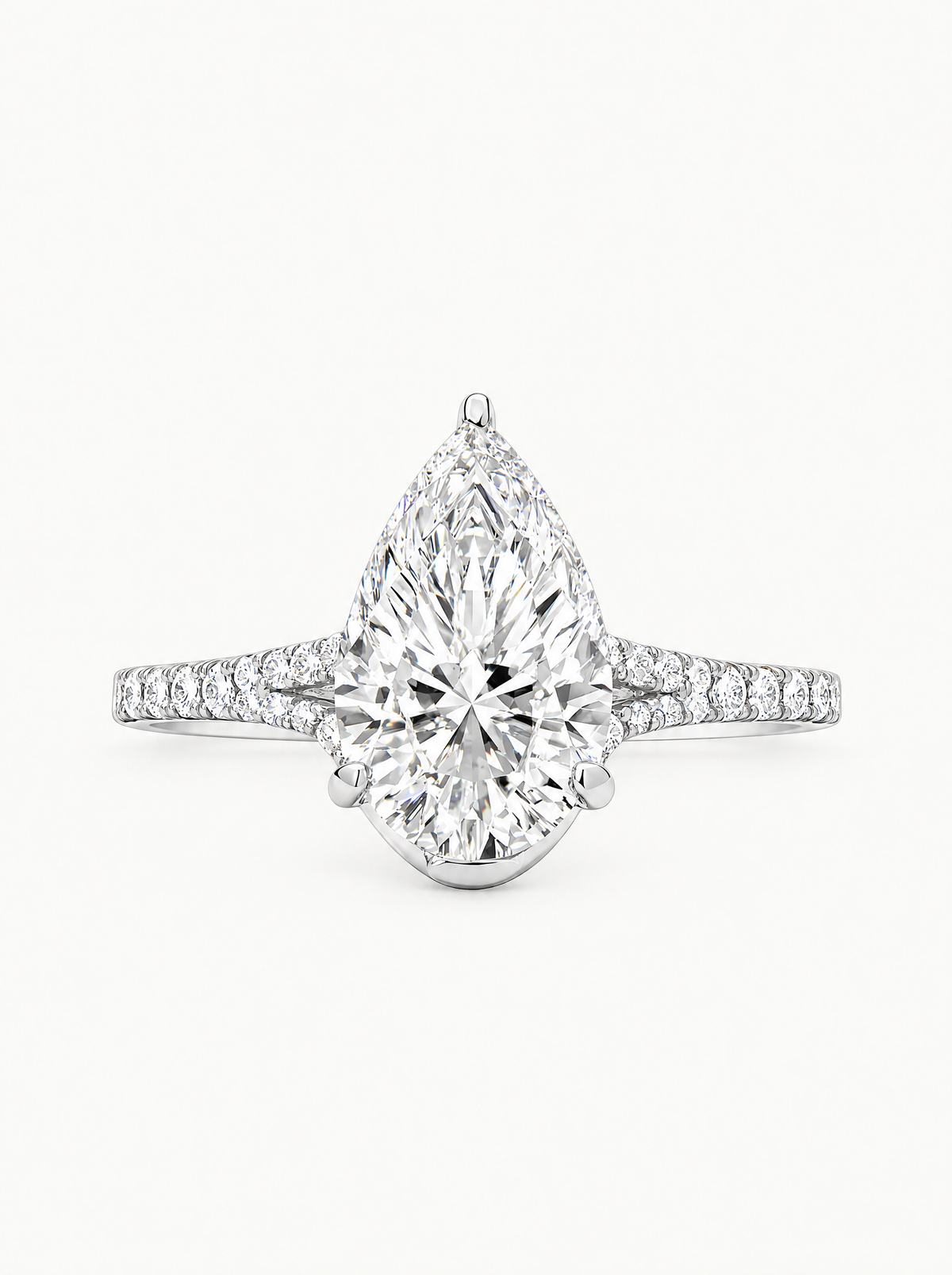 4.50 ctw Pear Hidden Halo Split Shank Pave Lab-Grown Diamond Engagement Ring in 14K white gold, front view — Bow Tie Lab Diamonds