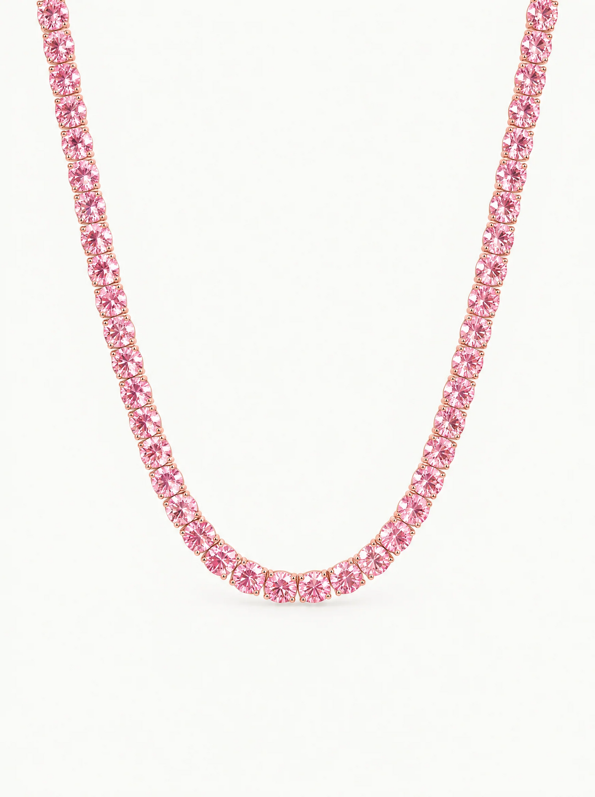 Fancy Pink 4.5mm (37.50-41.00 ctw) Round 4-Prong Lab-Grown Diamond Tennis Necklace in 14K rose gold, front view — Bow Tie Lab Diamonds