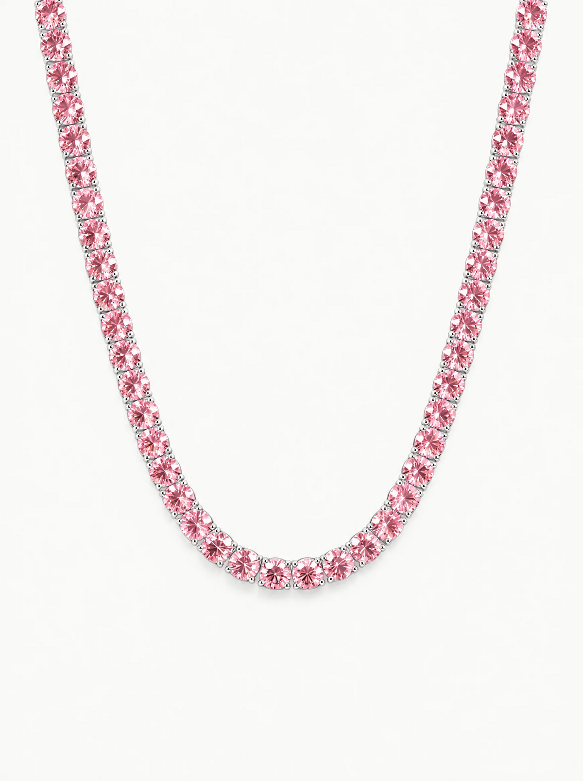 Fancy Pink 4.5mm (37.50-41.00 ctw) Round 4-Prong Lab-Grown Diamond Tennis Necklace in 14K white gold, front view — Bow Tie Lab Diamonds