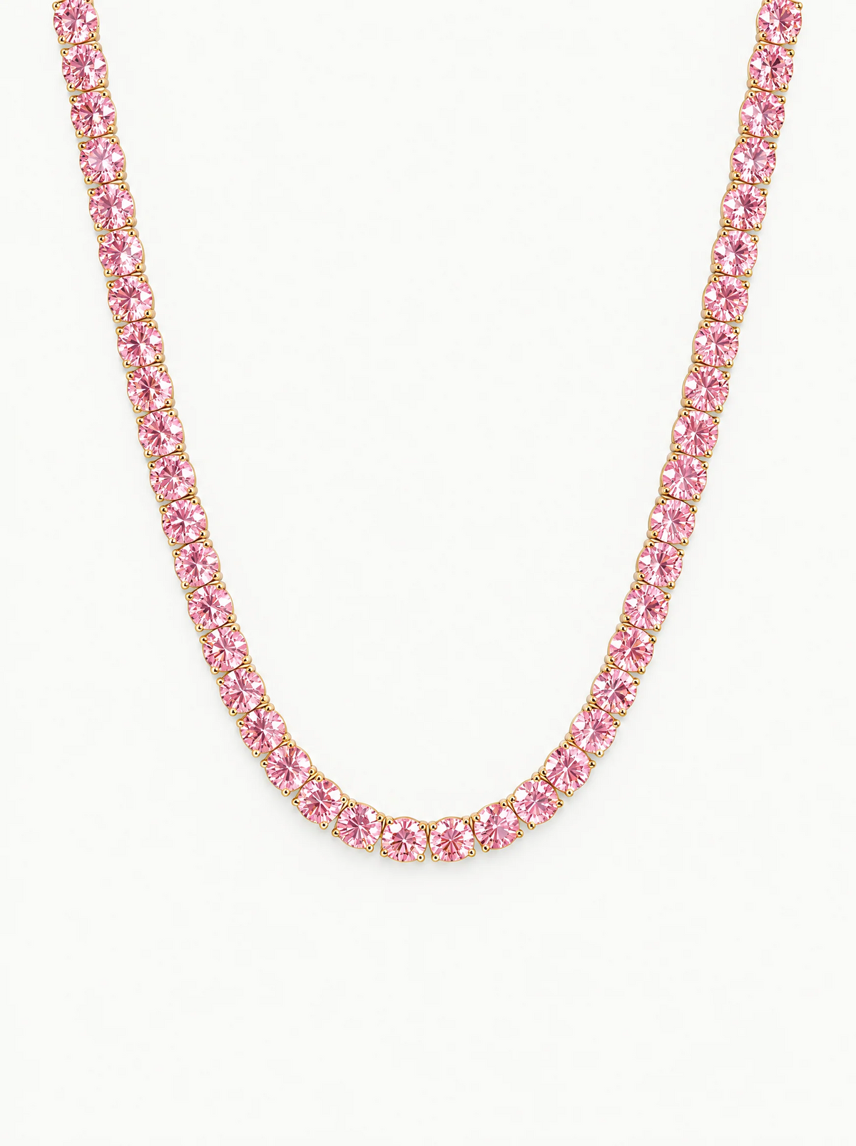 Fancy Pink 4.5mm (37.50-41.00 ctw) Round 4-Prong Lab-Grown Diamond Tennis Necklace in 14K yellow gold, front view — Bow Tie Lab Diamonds