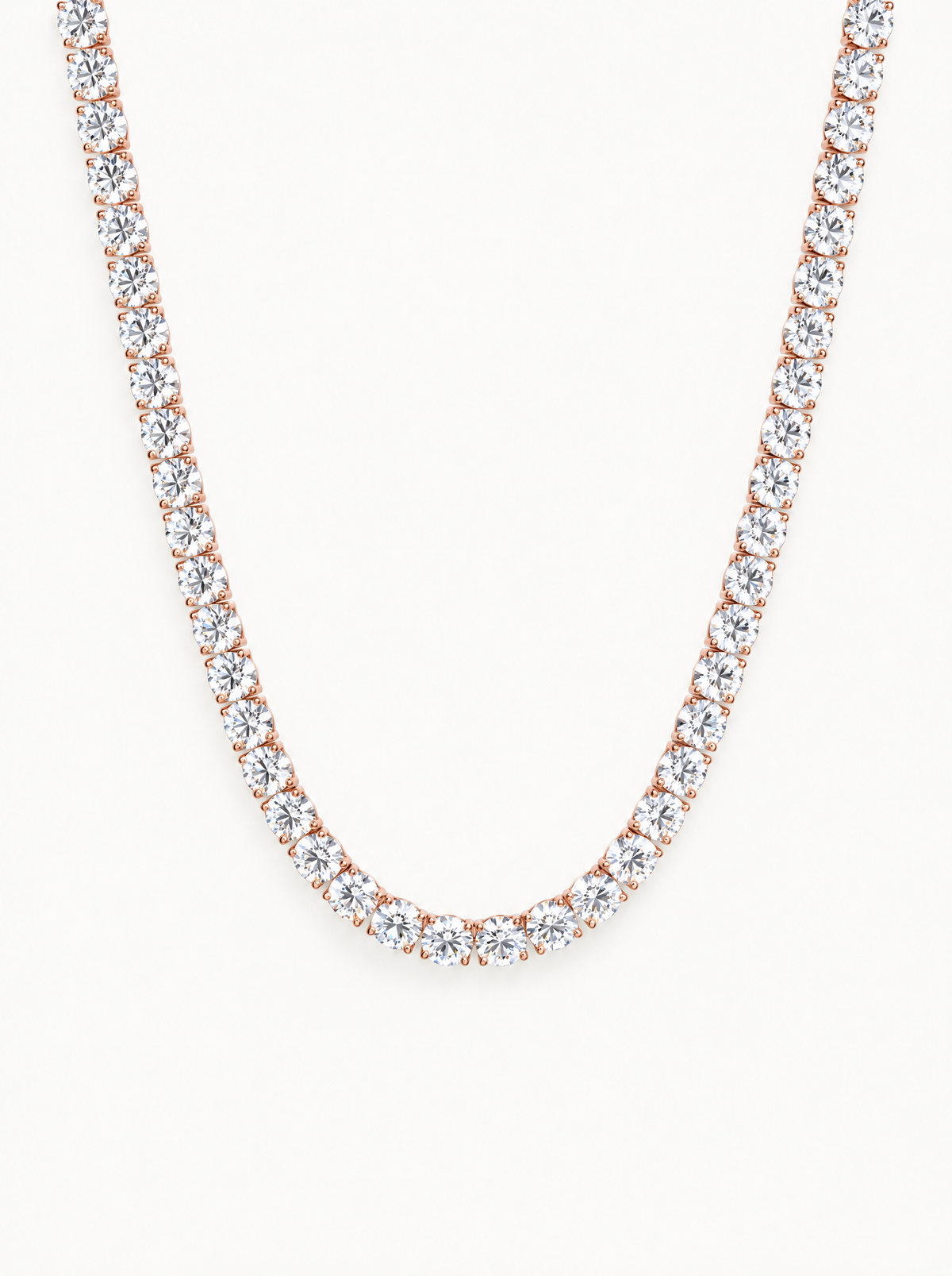 4.5mm (37.50-41.00 ctw) Round 4-Prong Lab-Grown Diamond Tennis Necklace in 14K rose gold, front view — Bow Tie Lab Diamonds
