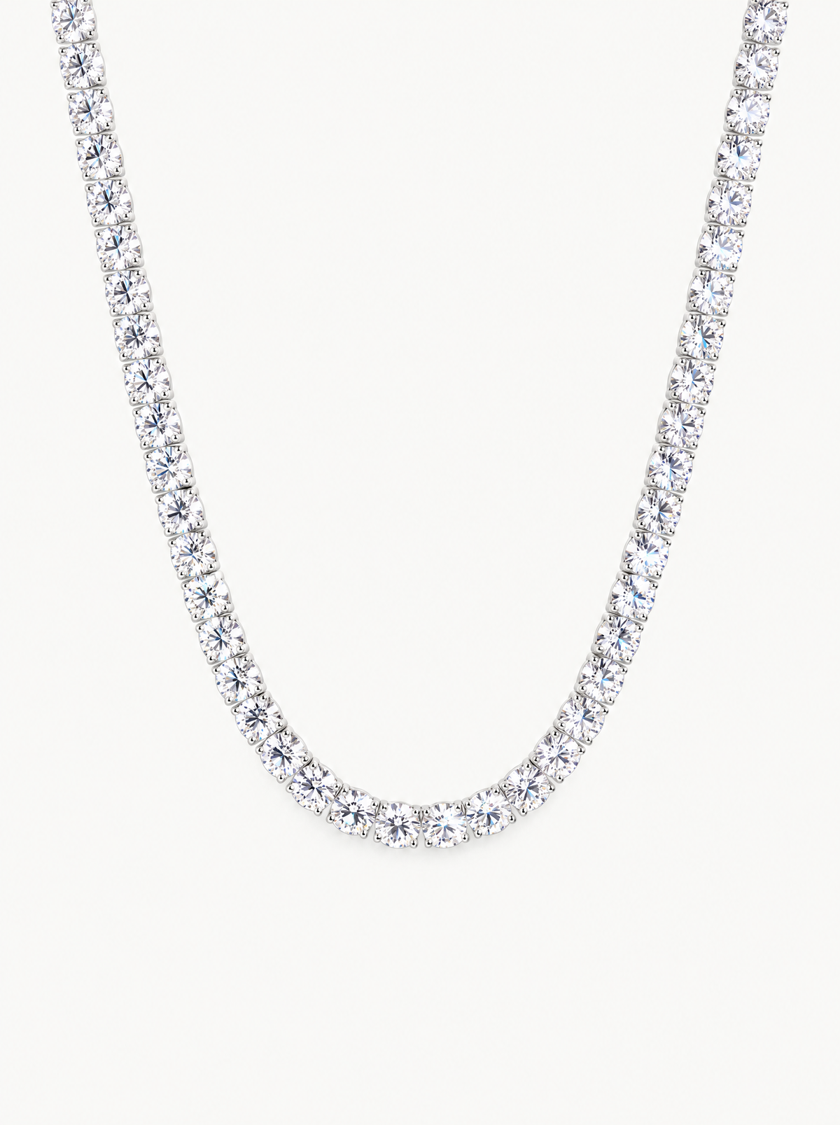 4.5mm (37.50-41.00 ctw) Round 4-Prong Lab-Grown Diamond Tennis Necklace in 14K white gold, front view — Bow Tie Lab Diamonds