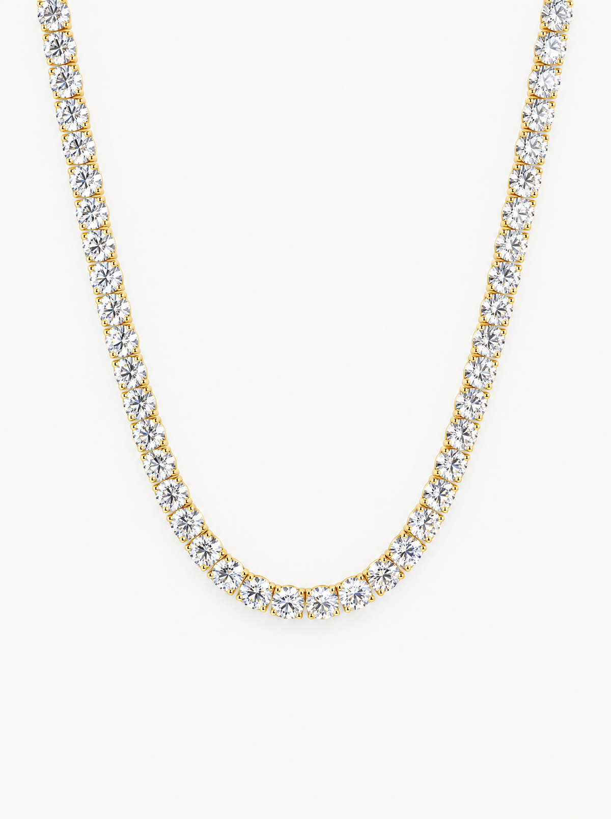 4.5mm (37.50-41.00 ctw) Round 4-Prong Lab-Grown Diamond Tennis Necklace in 14K yellow gold, front view — Bow Tie Lab Diamonds
