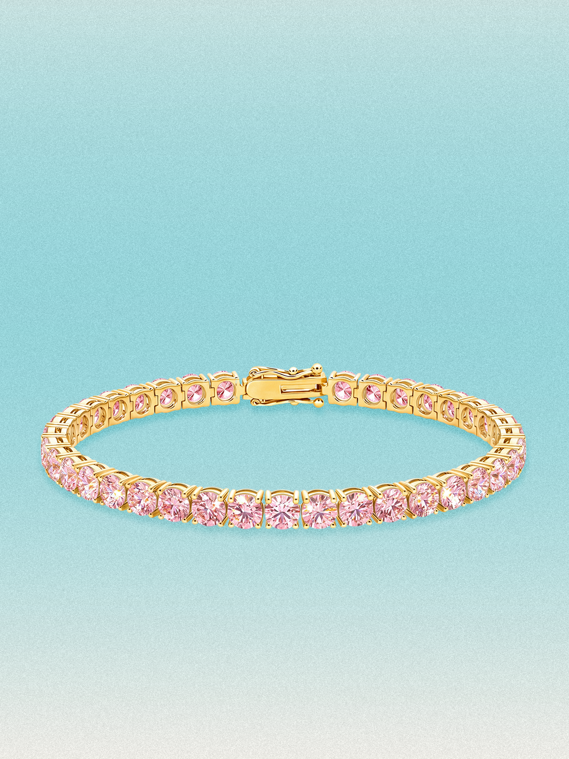 Bow Tie Lab Diamonds Fancy Pink 4.6mm (13.00 ctw) Round 4-Prong lab-grown diamond tennis bracelet — 37 round pink lab-grown diamonds, 13.00 ctw total, 7-inch, shown in 14K yellow gold.