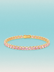 Bow Tie Lab Diamonds Fancy Pink 4.6mm (13.00 ctw) Round 4-Prong lab-grown diamond tennis bracelet — 37 round pink lab-grown diamonds, 13.00 ctw total, 7-inch, shown in 14K yellow gold.