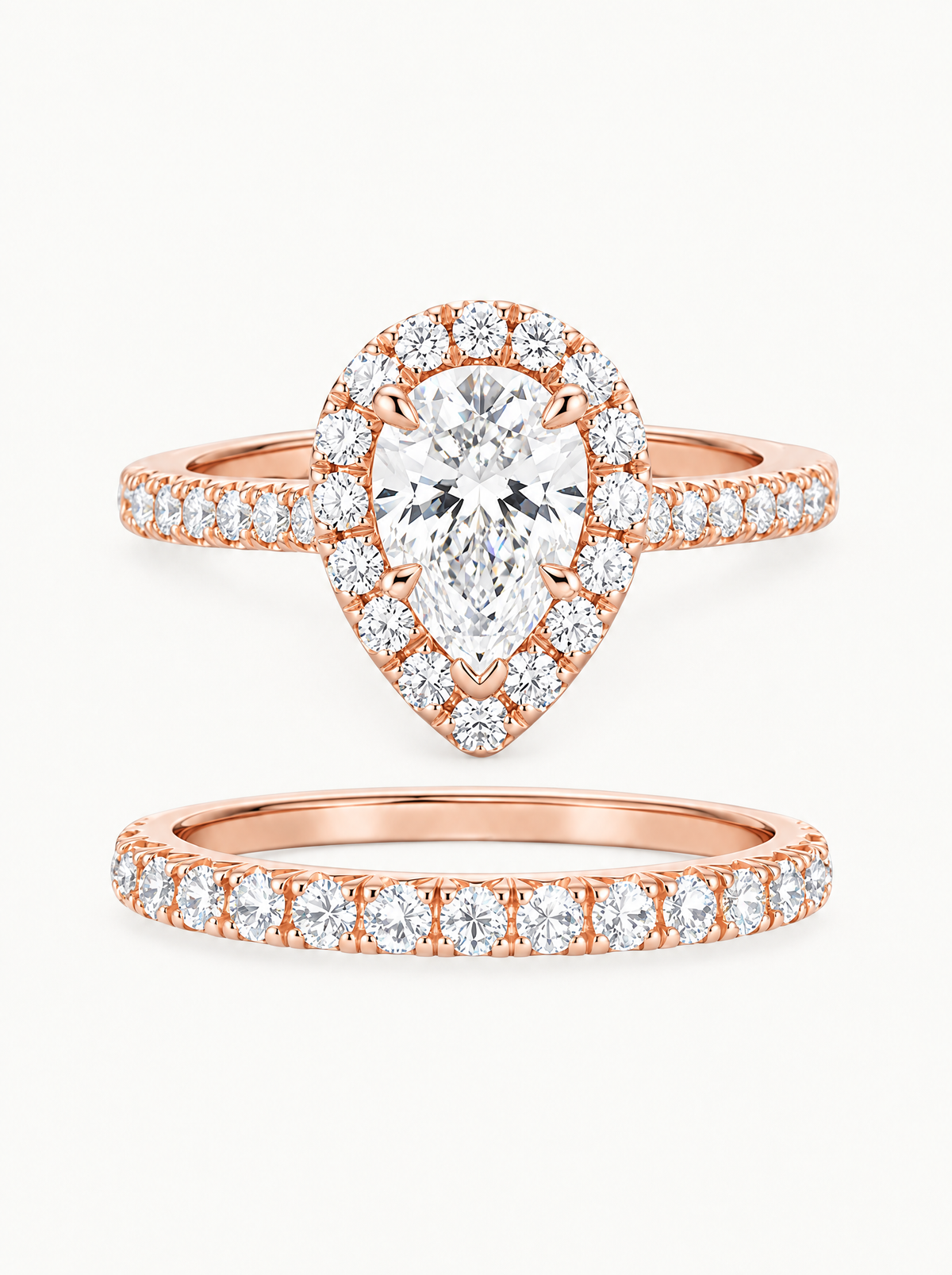 4.70 ctw Pear Halo Pave Lab-Grown Diamond Bridal Set in 14K rose gold, front view — Bow Tie Lab Diamonds