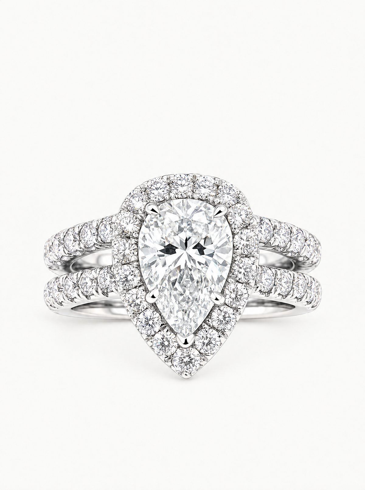 4.70 ctw Pear Halo Pave Lab-Grown Diamond Bridal Set in 14K white gold, front view — Bow Tie Lab Diamonds
