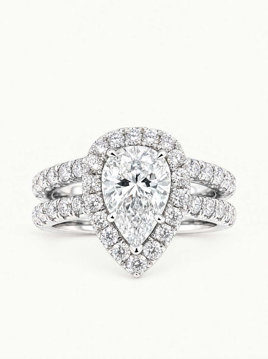 4.70 ctw Pear Halo Pave Lab Grown Diamond Bridal Set