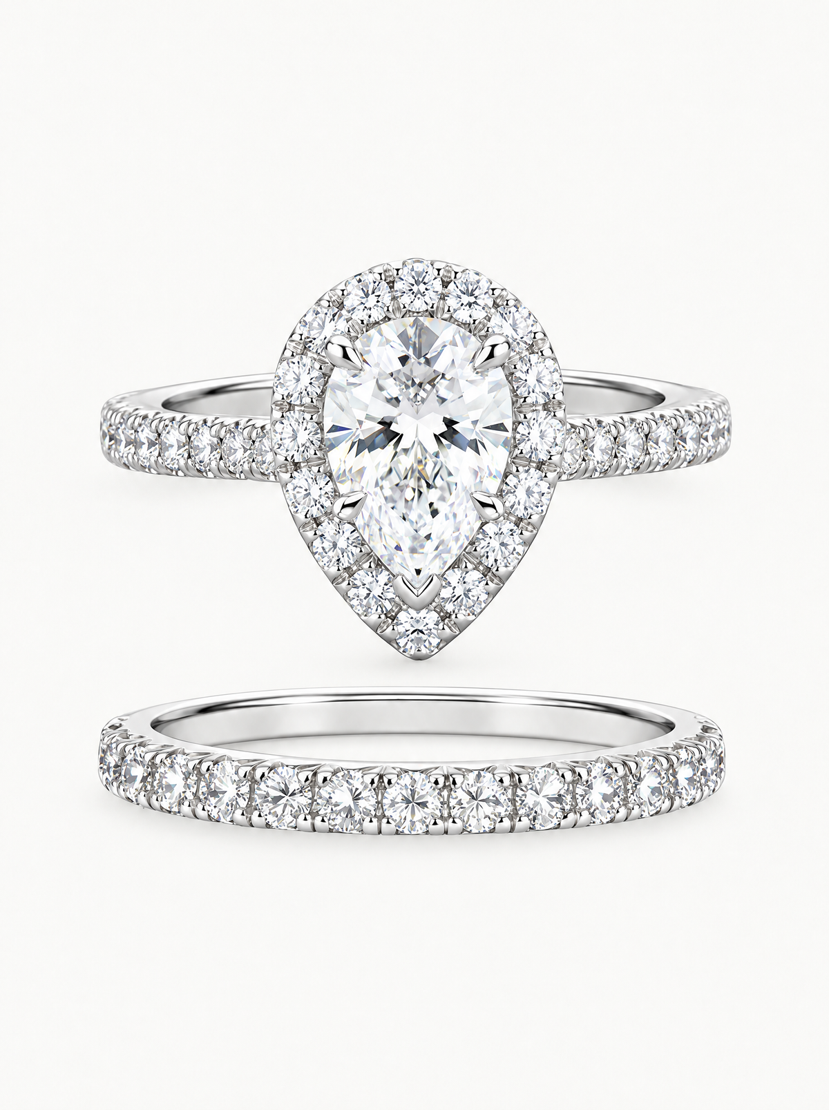 4.70 ctw Pear Halo Pave Lab-Grown Diamond Bridal Set in 14K white gold, angled side view — Bow Tie Lab Diamonds