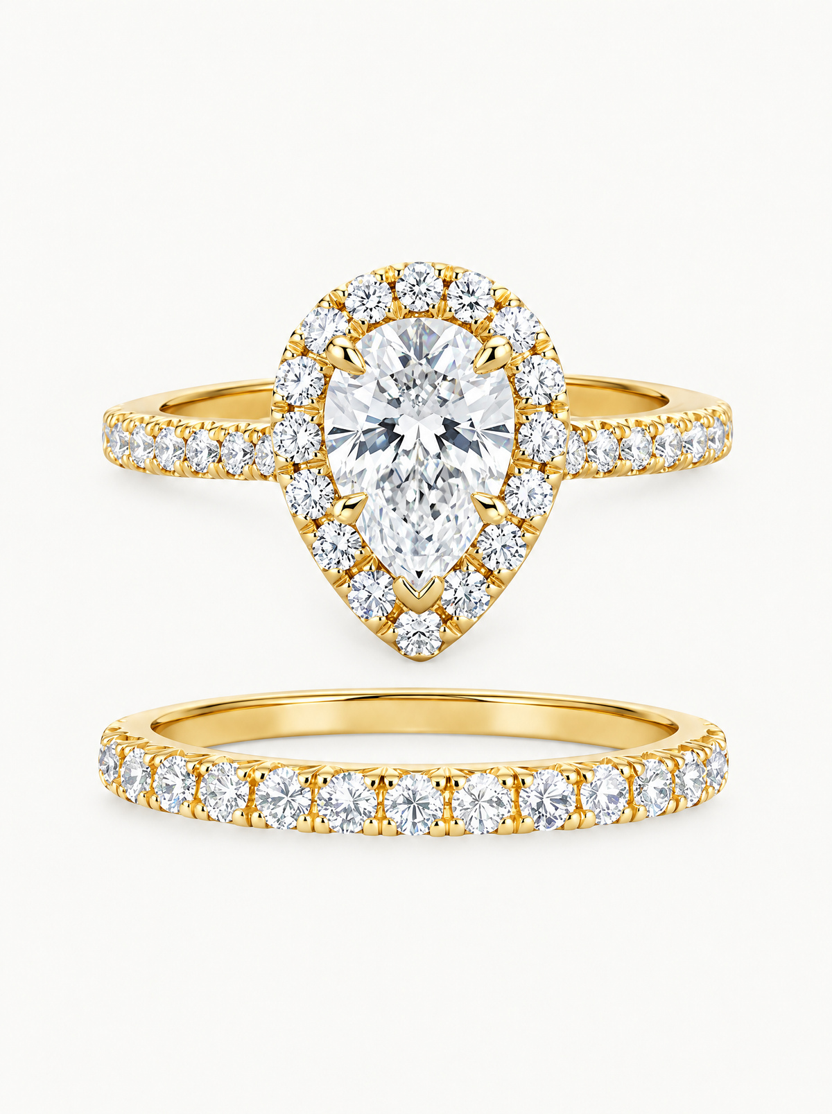4.70 ctw Pear Halo Pave Lab-Grown Diamond Bridal Set in 14K yellow gold, front view — Bow Tie Lab Diamonds