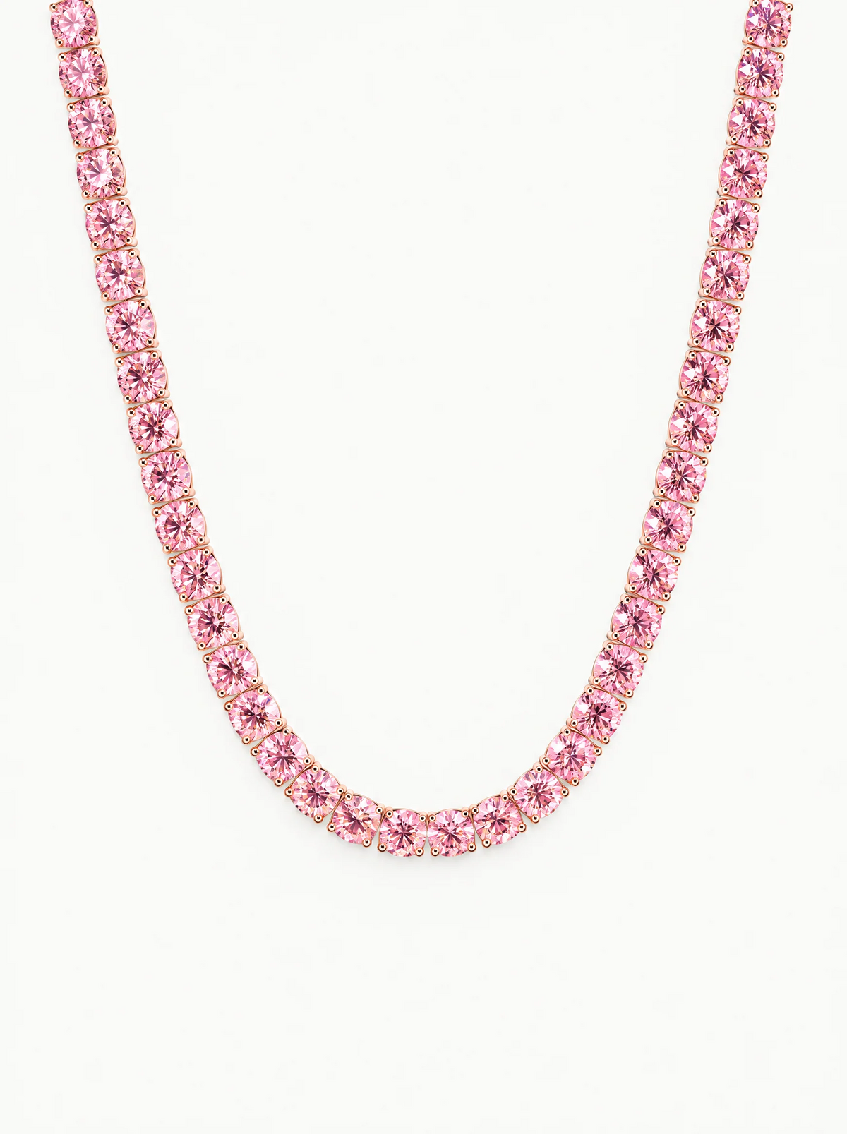 Fancy Pink 4.75mm (42.50-47.00 ctw) Round 4-Prong Lab-Grown Diamond Tennis Necklace in 14K rose gold, front view — Bow Tie Lab Diamonds