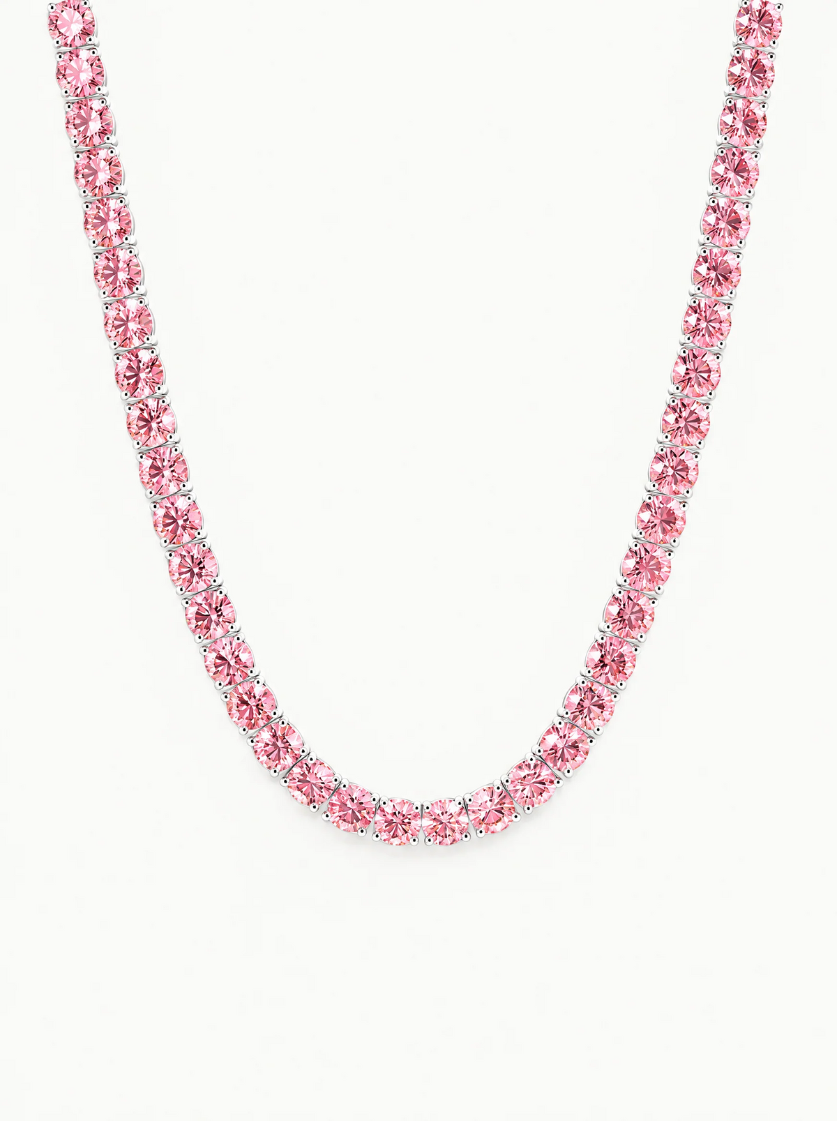 Fancy Pink 4.75mm (42.50-47.00 ctw) Round 4-Prong Lab-Grown Diamond Tennis Necklace in 14K white gold, front view — Bow Tie Lab Diamonds