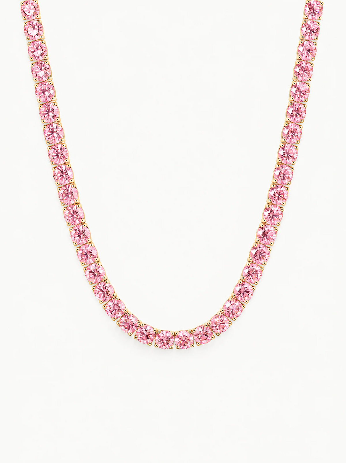 Fancy Pink 4.75mm (42.50-47.00 ctw) Round 4-Prong Lab-Grown Diamond Tennis Necklace in 14K yellow gold, front view — Bow Tie Lab Diamonds