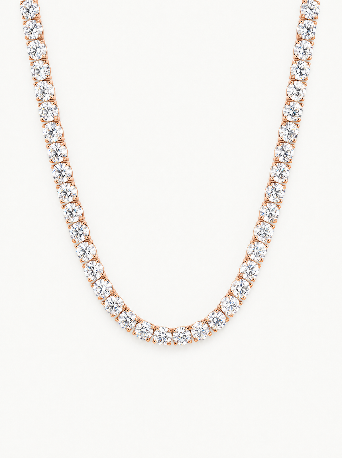 4.75mm (42.50-47.00 ctw) Round 4-Prong Lab-Grown Diamond Tennis Necklace in 14K rose gold, front view — Bow Tie Lab Diamonds