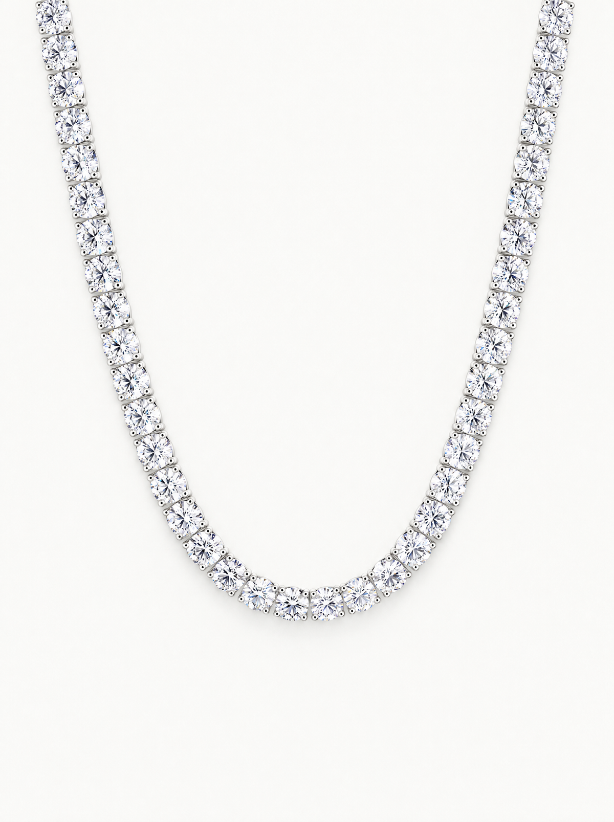 4.75mm (42.50-47.00 ctw) Round 4-Prong Lab-Grown Diamond Tennis Necklace in 14K white gold, front view — Bow Tie Lab Diamonds
