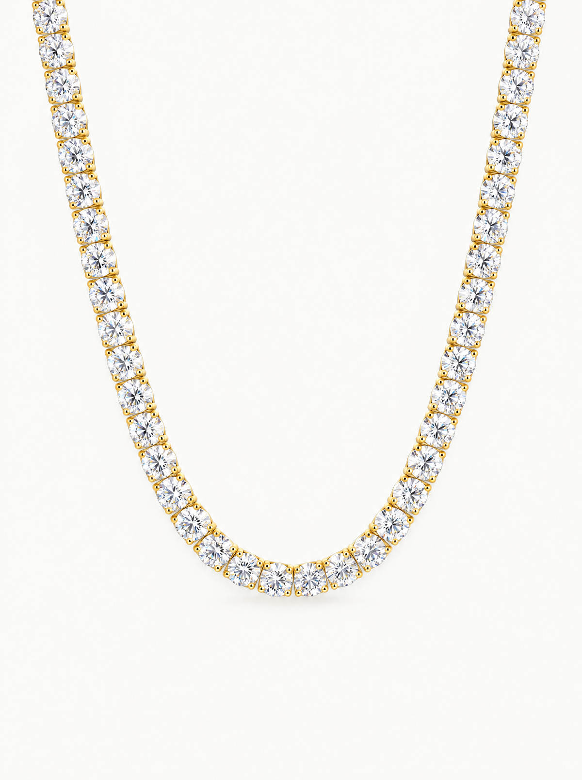 4.75mm (42.50-47.00 ctw) Round 4-Prong Lab-Grown Diamond Tennis Necklace in 14K yellow gold, front view — Bow Tie Lab Diamonds
