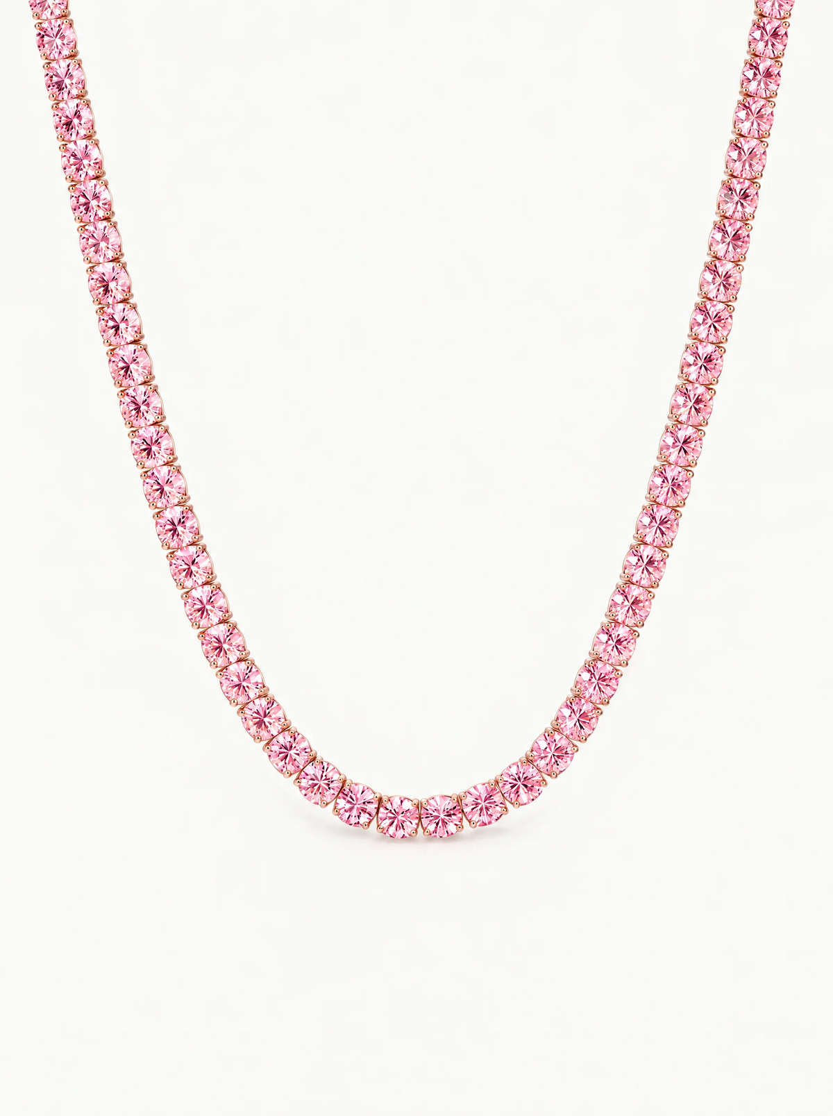 Fancy Pink 4mm (24.00-33.10 ctw) Round 4-Prong Lab-Grown Diamond Tennis Necklace in 14K rose gold, front view — Bow Tie Lab Diamonds