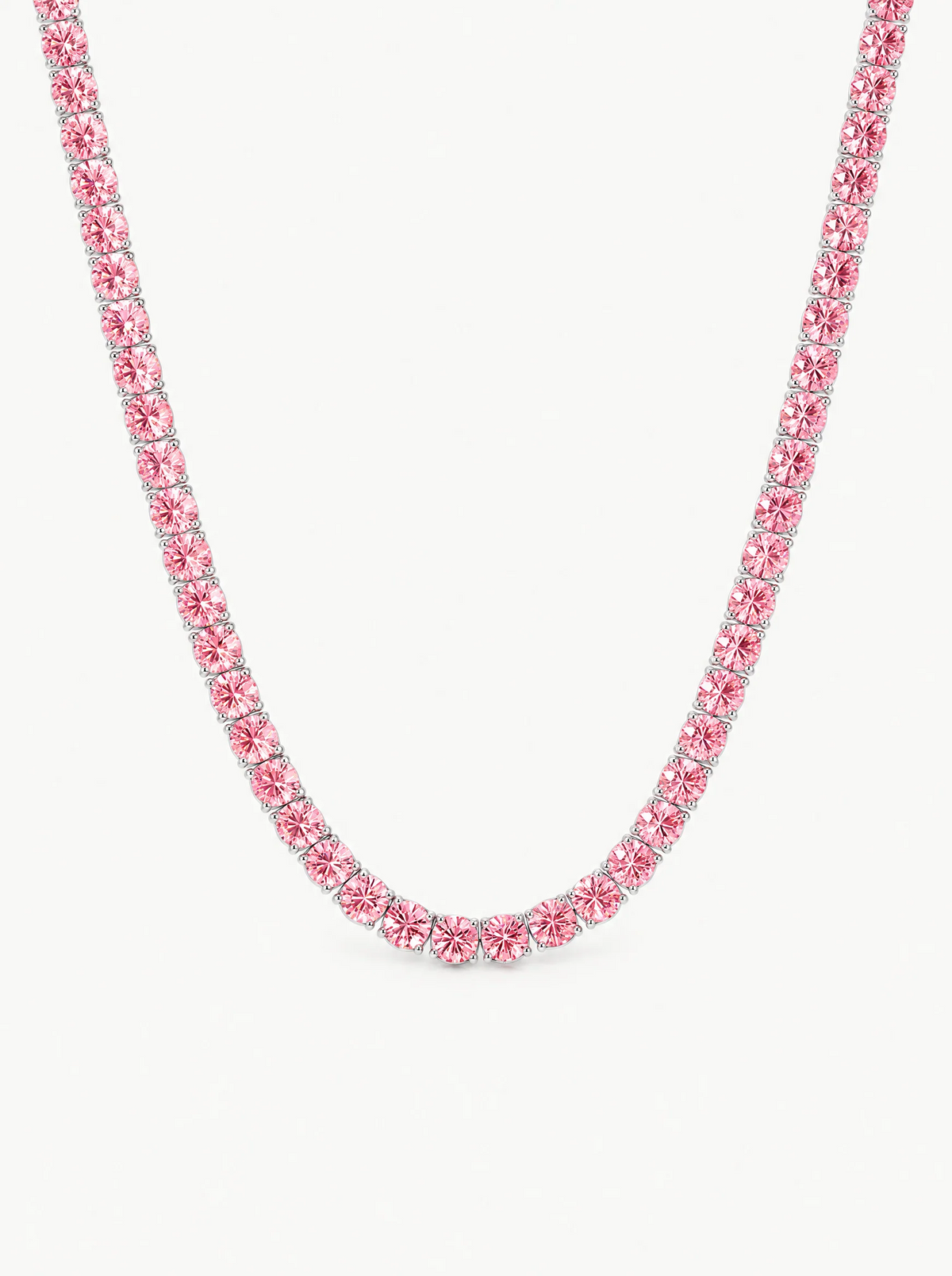 Fancy Pink 4mm (24.00-33.10 ctw) Round 4-Prong Lab-Grown Diamond Tennis Necklace in 14K white gold, front view — Bow Tie Lab Diamonds