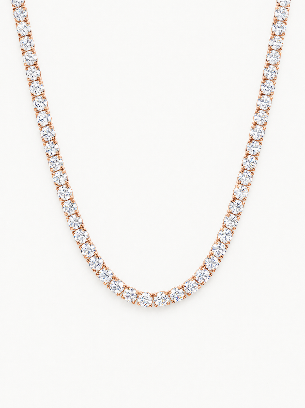 4mm (24.00-33.10 ctw) Round 4-Prong Lab-Grown Diamond Tennis Necklace in 14K rose gold, front view — Bow Tie Lab Diamonds