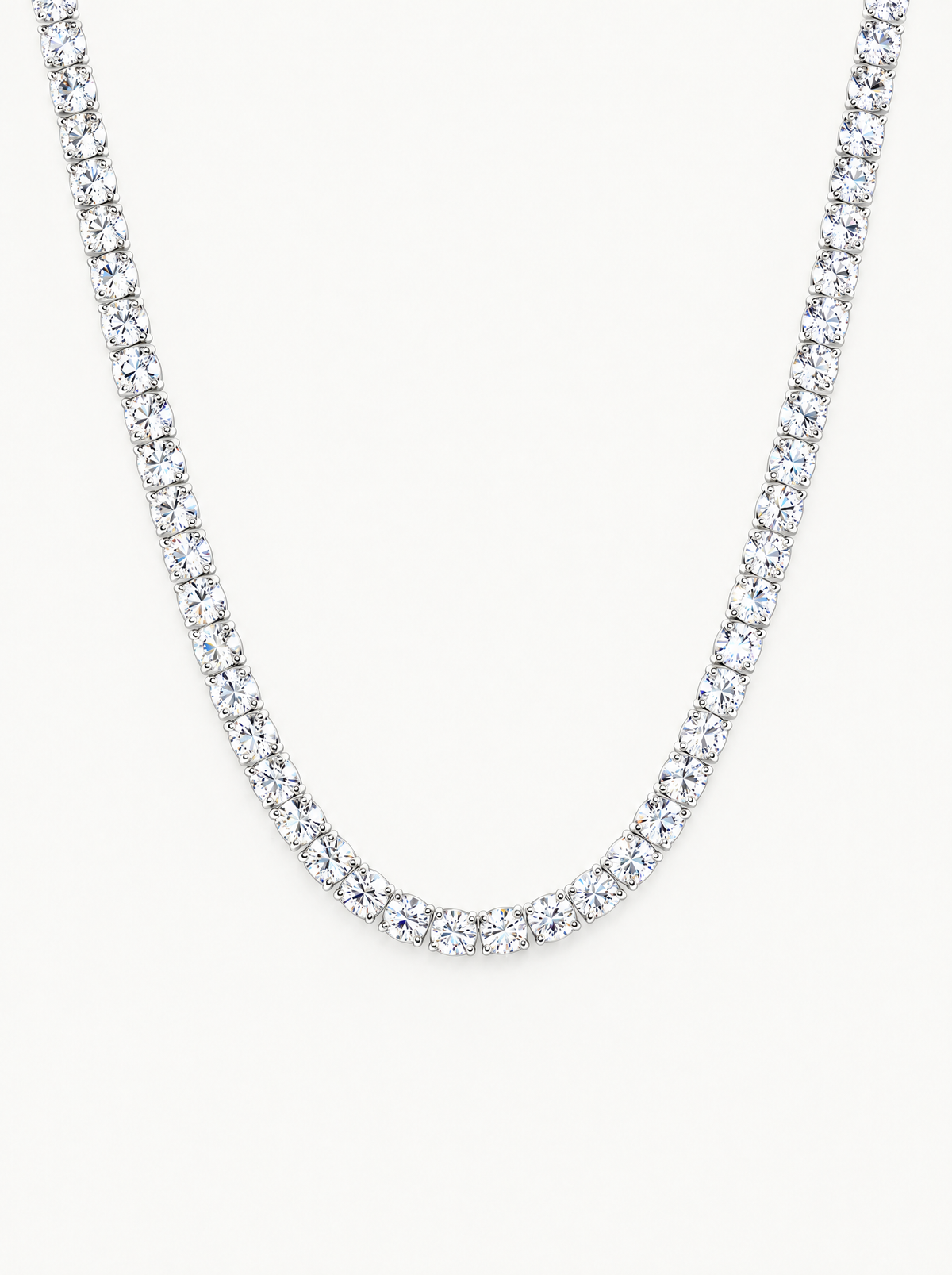 4mm (24.00-33.10 ctw) Round 4-Prong Lab-Grown Diamond Tennis Necklace in 14K white gold, front view — Bow Tie Lab Diamonds