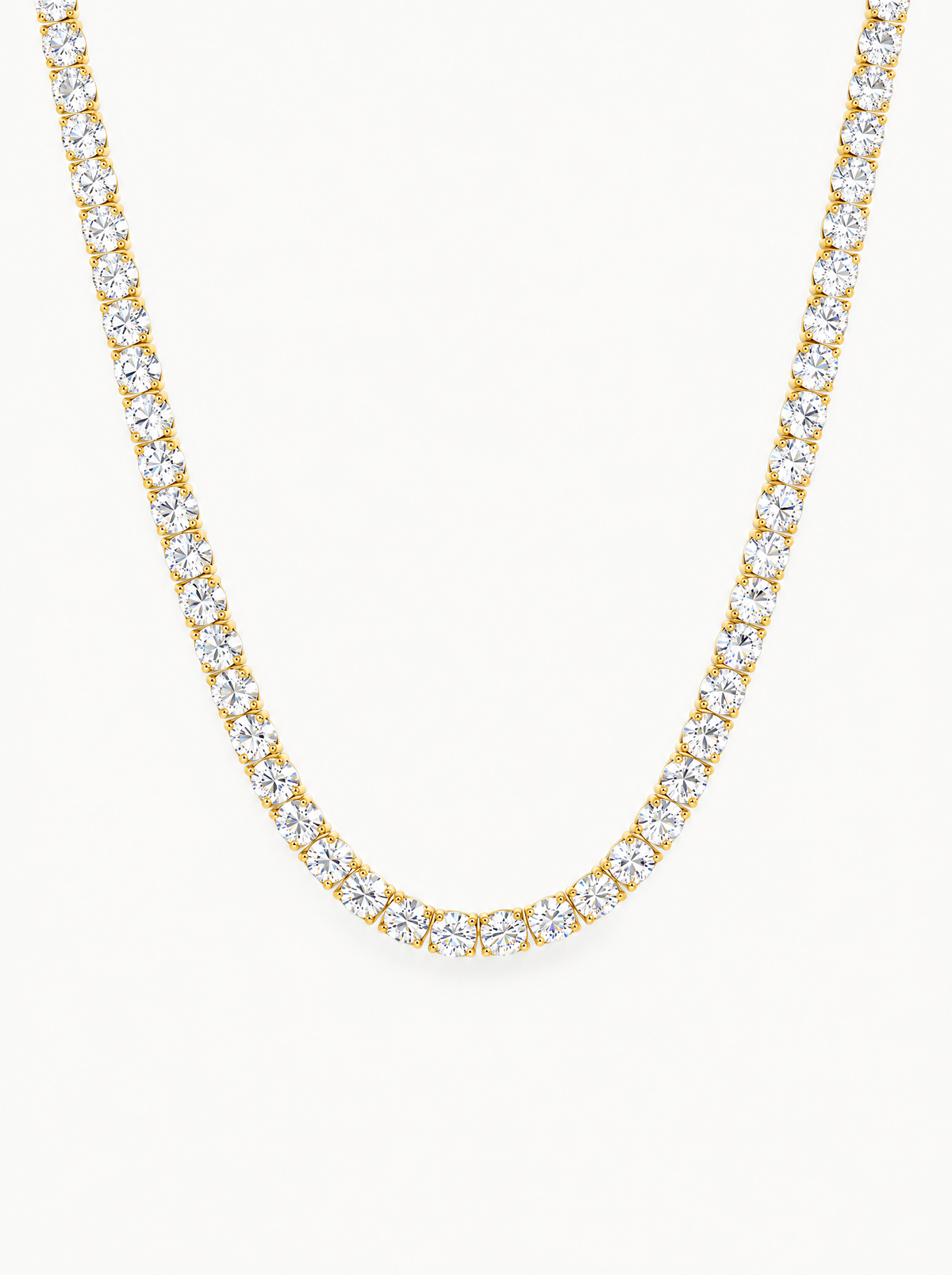 4mm (24.00-33.10 ctw) Round 4-Prong Lab-Grown Diamond Tennis Necklace in 14K yellow gold, front view — Bow Tie Lab Diamonds