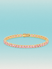 Close-up of the Bow Tie Lab Diamonds Fancy Pink 4mm (10.00 ctw) Round 4-Prong lab-grown diamond tennis bracelet — round pink lab-grown diamonds in a 4-prong setting, 10.00 ctw total.