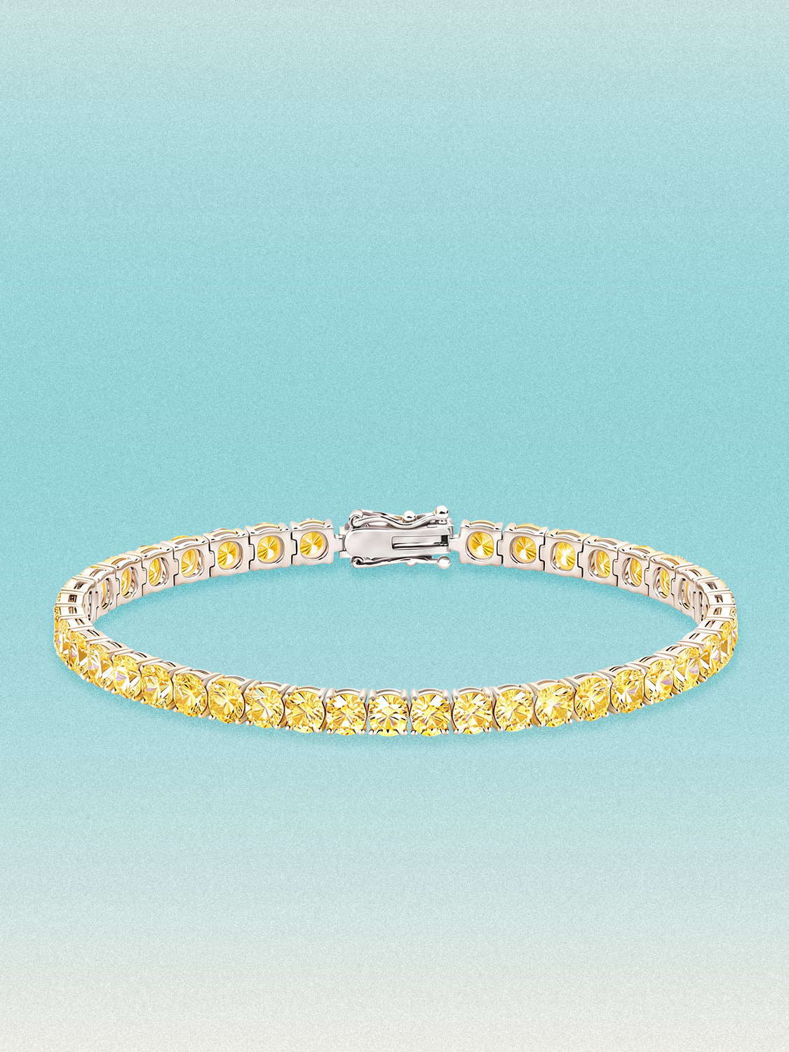 Bow Tie Lab Diamonds Fancy Yellow 4mm (10.00 ctw) Round 4-Prong lab-grown diamond tennis bracelet — 40 round yellow lab-grown diamonds, 10.00 ctw total, 7-inch, shown in 14K white gold.