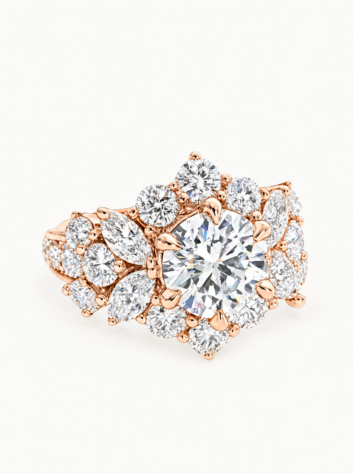 5.00 ctw Round Floral Cluster Halo Lab-Grown Diamond Ring in 14K rose gold, front view — Bow Tie Lab Diamonds