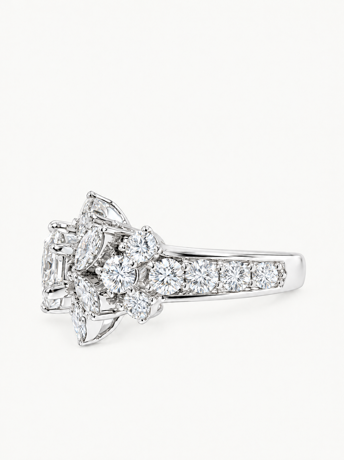 5.00 ctw Round Floral Cluster Halo Lab-Grown Diamond Ring in 14K white gold, angled side view — Bow Tie Lab Diamonds
