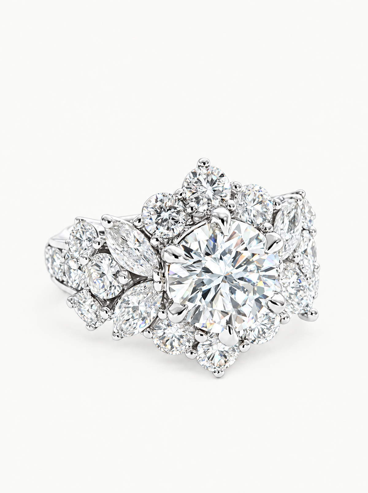 5.00 ctw Round Floral Cluster Halo Lab-Grown Diamond Ring in 14K white gold, front view — Bow Tie Lab Diamonds